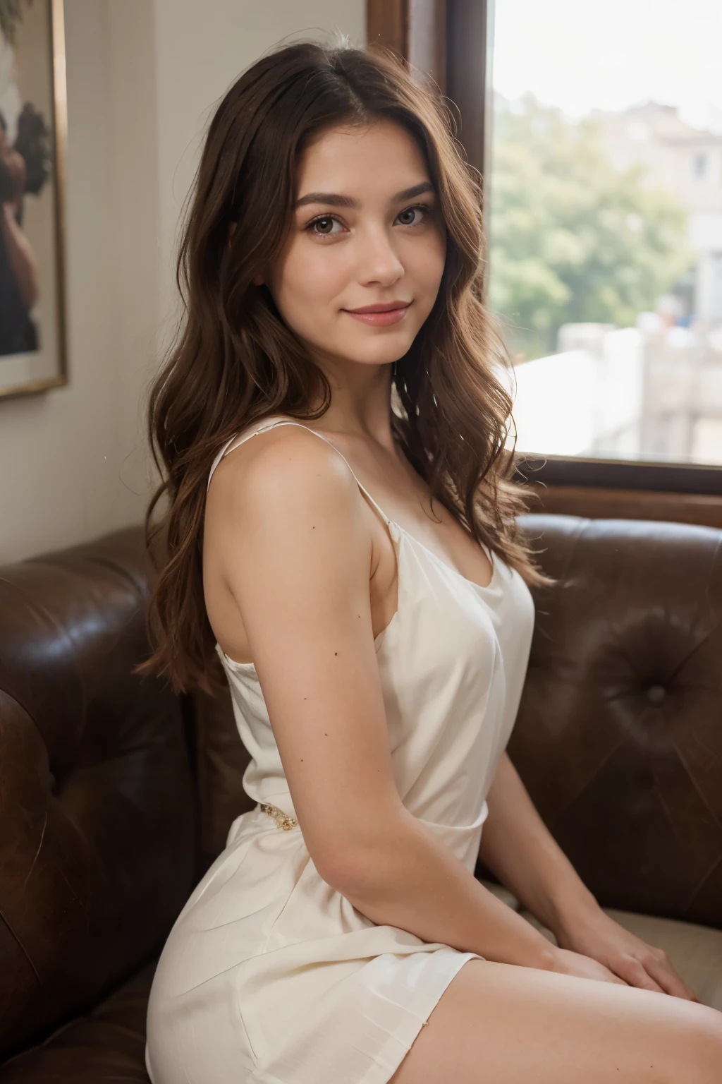 In a whimsical painting, a woman with silky brown hair sits gracefully in a charming cafe. Her deep brown locks cascade in gentle waves around her glowing face, reflecting the warm sunlight streaming through the window. Dressed in a charming white soft dress, she exudes an air of serenity and elegance. Her hazel eyes sparkle with curiosity as she takes in the cozy ambiance, her lips curved in a gentle smile. The image captures a moment of tranquility and delicate beauty, inviting viewers into a world of quiet enchantment.