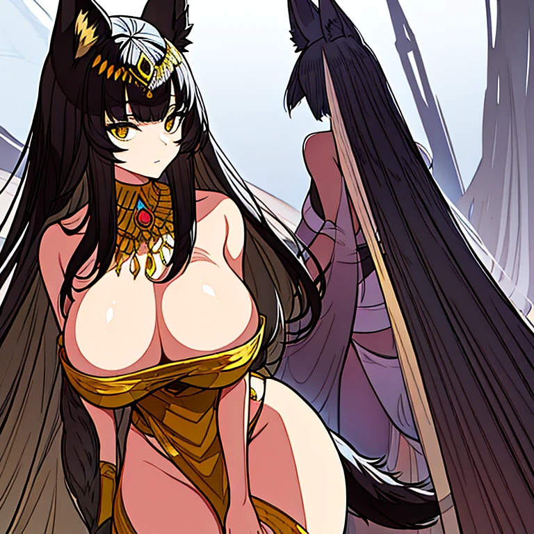A tall thick and curvy tan woman with hair that stops at her neck and cut bangs. Her hair was black and she had tall jackal ears that popped out from her head. She wore exposing white garments and golden jewelry. She was barefoot. She had a long black jackal tail that emerged out of her garments. (Female anubis)
