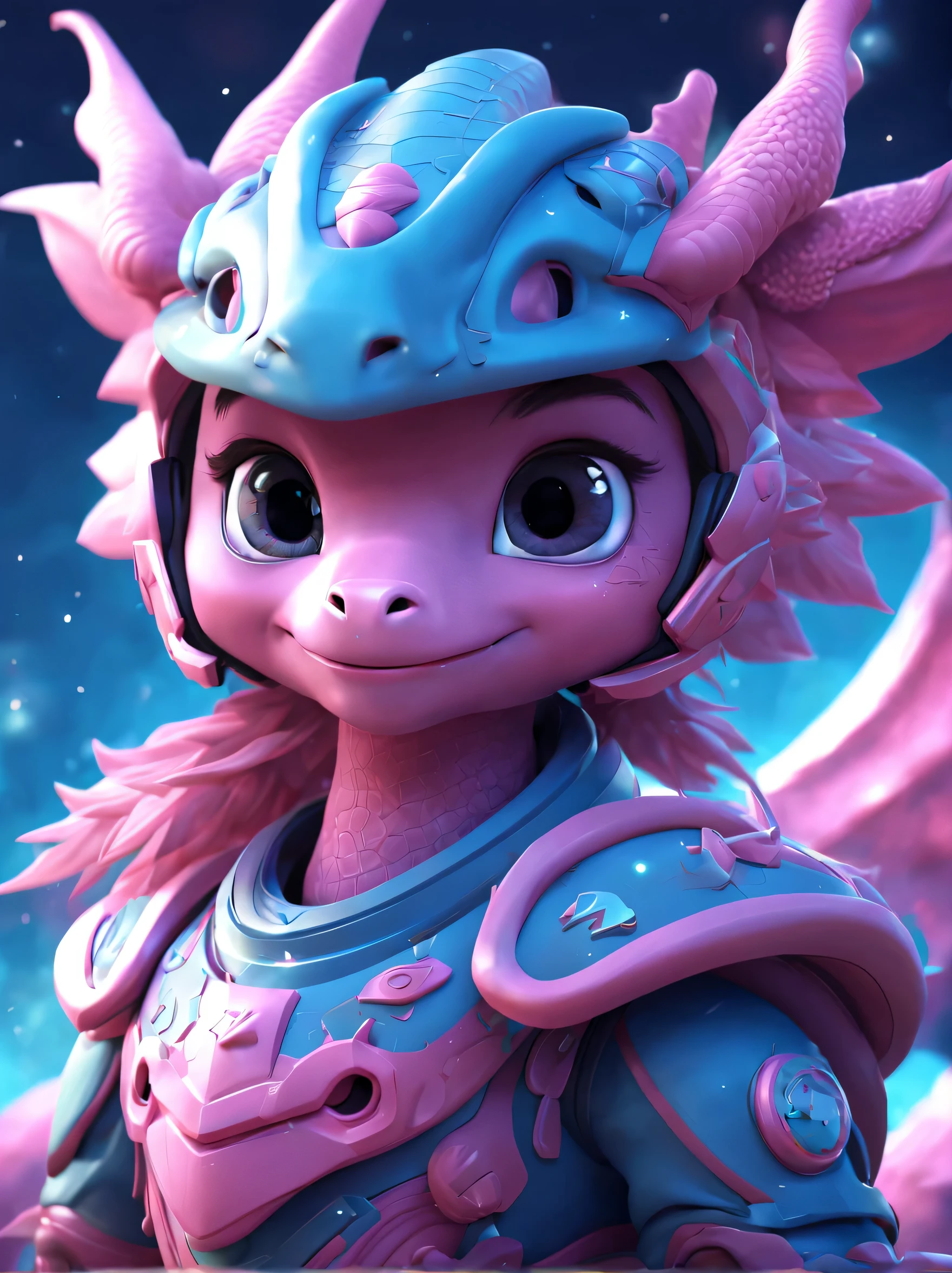 There is a small pink zodiac dragon wearing a helmet，Cute 3d rendering，（Long eyelashes），（Wearing beautiful light makeup），little astronaut looking up，shaggy，Zodiac space cadet portrait dragon，Background with： Blue-pink，
Cute 3d rendering of cartoon zodiac dragon，Cute and detailed digital art，zodiac dragon explorer，Mini cute zodiac dragon，stylized 3d render，3d rendered figure art 8k，lovely digital painting，Anime style 3D，Ultra-detailed rendering