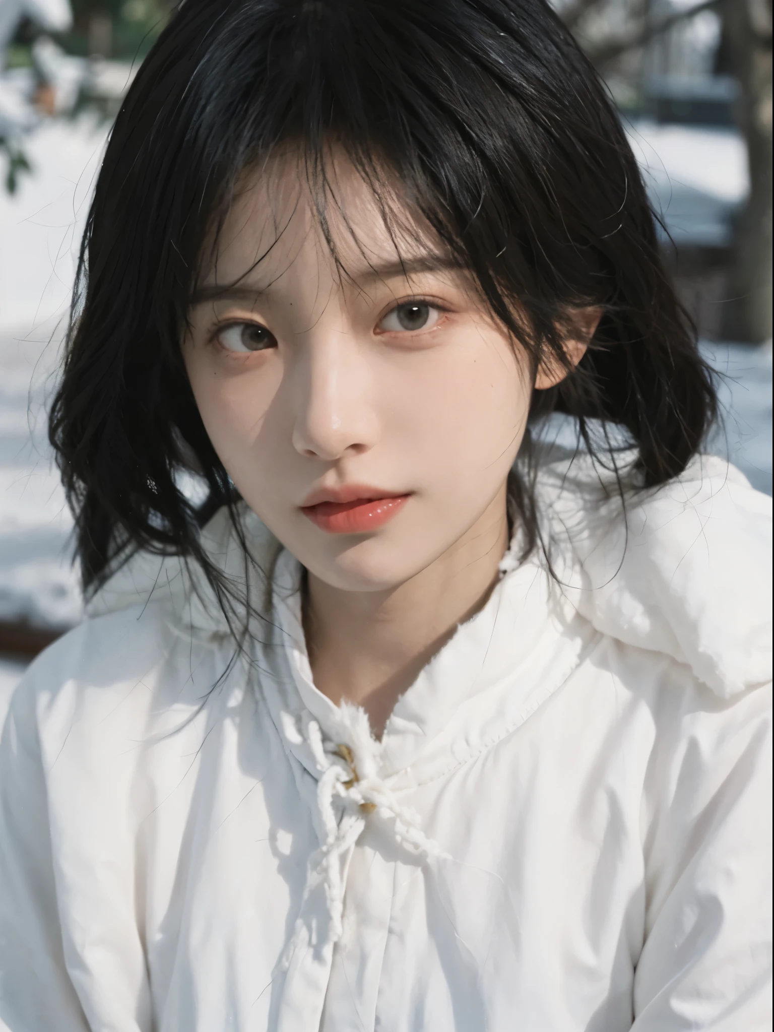 Best quality, 超高分辨率, white backgrounid,(realistically:1.4), girl, A pair of eyes as clear as snow,Imperial sister,Black long straight, looking at viewert, close up ,