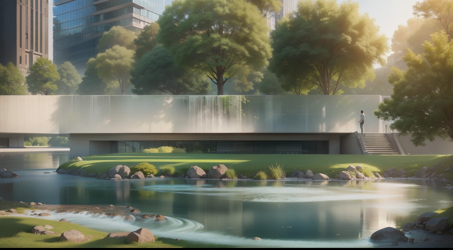 There is a small waterfall in the center of the park,In the background is a building, modernn architecture, Norman Foster Architects, Mirror architecture, Museum building, modernn architecture, premiada architects, light of vitality, high quality rendering, building rendering, professional render, photoreal render, archviz, Aoi Super League, 自然photoreal render, hyper realisitc渲染, Hyper-realistic rendering, beautifully detailed render, hyper realisitc, 16k, hyper HD | | | | | | |, muitalus, Muitobrillo,