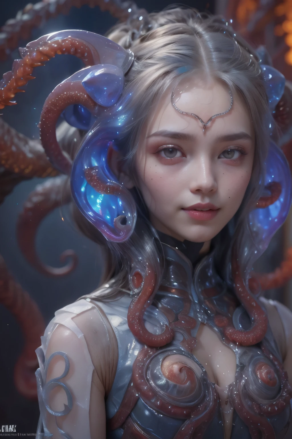 Portrait, (beautiful female alien:1.2),  (she has red eyes with no pupils:1.8), (Translucent skin:1.7),  (There is a female genital-like organ in the middle of the forehead:1.9), (The most beautiful face in the history of the universe:1.2),an evil gaze that seduces, (large mouth:1.1), (sharp teeth like a vampire:1.2), Full body like, (bio luminescent:1.5), (Smile wickedly:1.3),  (sexypose:1.5), alien, No humans, cells are fused, (Lots of translucent tentacles:1.3) extraterrestrial, cell, bio image, Best Quality, 8K,4K_quality, High Definition, Dramatic Lighting, masutepiece:1.5,cinematic quality, detail up, (Intricate details:1.2), High resolution, High Definition, drawing faithfully, (Thick eyebrows:1.2), Beautiful eyes with fine symmetry,(Highly detailed face and eyes:1.2), Intimate face, (Super detailed skin quality feeling:1.4), Perfect ,  (Beautiful toned body:1.5),  (Moist skin:1.2), No makeup, (dark circles:1.1), long canines, cinematic drawing of characters, ultra high quality model, cinematic quality, detail up, (Intricate details:1.2), High resolution, High Definition, drawing faithfully, Official art, Unity 8K wall  , 8K Portrait, Best Quality, Very High resolution, ultra detailed artistic photography, midnight aura,  unreal enginee 5, Ultra Sharp Focus, art by alberto seveso, ArtGerm, Roisch, intricate artwork, best quality, masutepiece, ultra High resolution, (photos realistic:1.4), Ultra-realistic realism, dream-like,  nautilus, Creation of fantasy, Snail, Dream Snail,  biopunk nautilus, Thrilling color schemes， Ultra-realistic realism， seductively smiling, Blue tentacles,