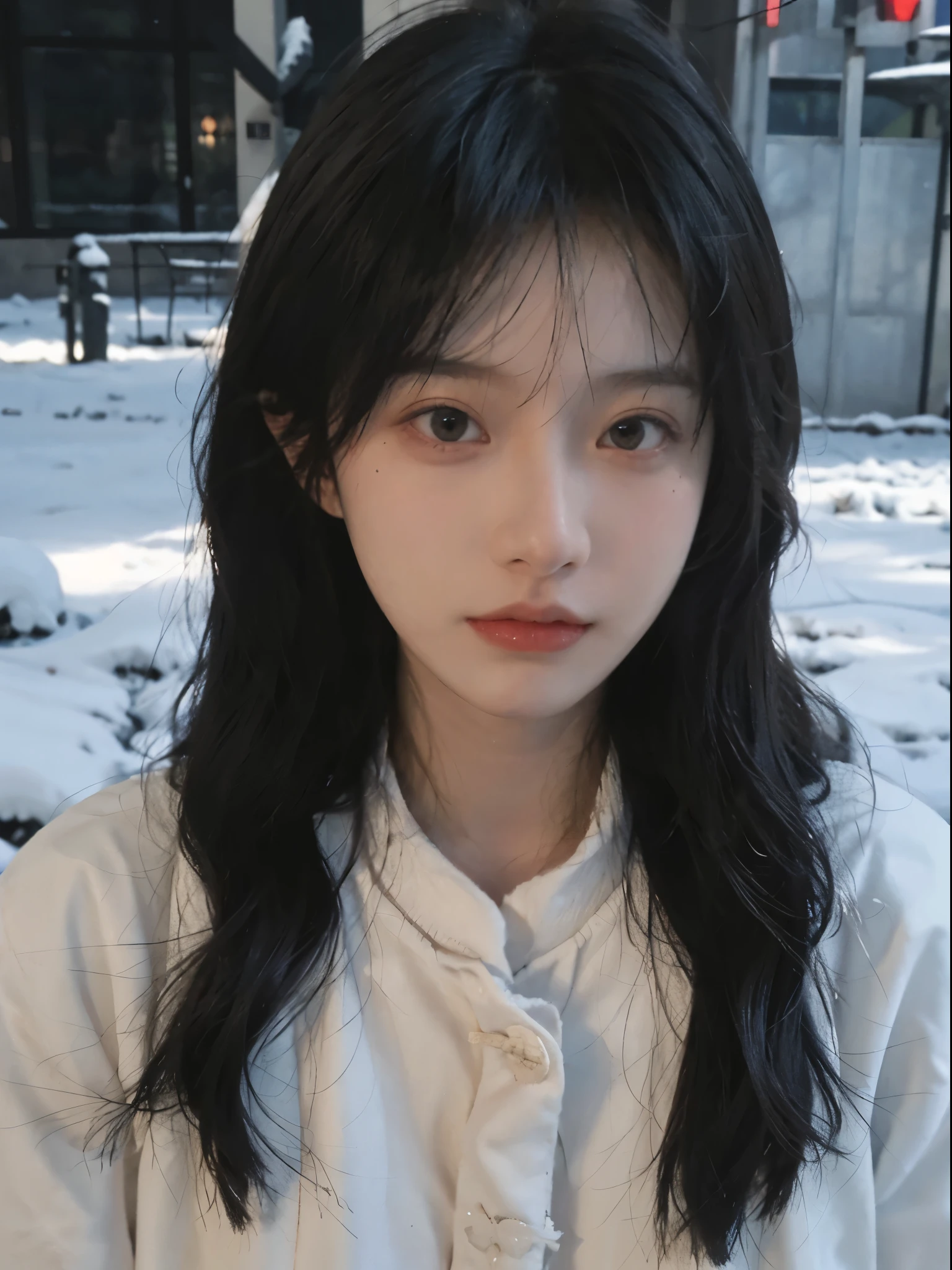 Best quality, 超高分辨率, white backgrounid,(realistically:1.4), girl, A pair of eyes as clear as snow,Imperial sister,Black long straight, looking at viewert, close up ,