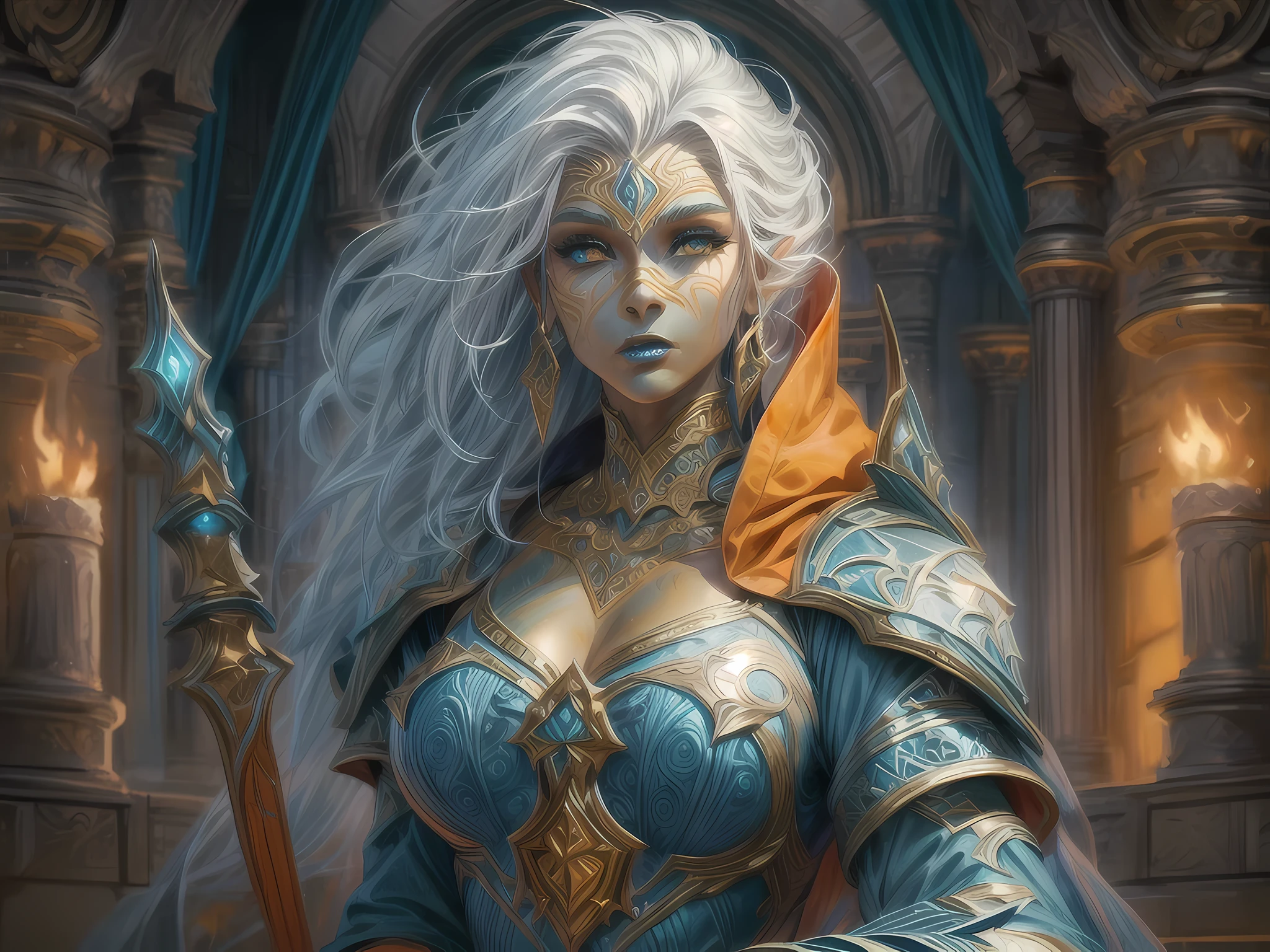 fantasy art, dnd art, RPG art, wide shot, (masterpiece: 1.4) portrait, intense details, highly detailed, photorealistic, best quality, highres, portrait a vedalken female (fantasy art, Masterpiece, best quality: 1.3) ((blue skin: 1.5)), intense details facial details, exquisite beauty, (fantasy art, Masterpiece, best quality) cleric, (blue colored skin: 1.5) 1person blue_skin, blue skinned female, (white hair: 1.3), long hair, intense green eye, fantasy art, Masterpiece, best quality) armed a fiery sword red fire, wearing heavy (white: 1.3) half plate mail armor CM-Beautiful_armor wearing high heeled laced boots, wearing an(orange :1.3) cloak, wearing glowing holy symbol GlowingRunes_yellow, within fantasy temple background, reflection light, high details, best quality, 16k, [ultra detailed], masterpiece, best quality, (extremely detailed), close up, ultra wide shot, photorealistic, RAW, fantasy art, dnd art, fantasy art, realistic art,