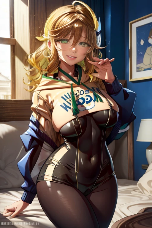 amicia michella - nijisanji, naime style 1girl, (((bimbo))), brown short hair, yellow inner hair, wavy hair, green eyes, (((bimbo))), thin lips, painted lips, midriff, shy smile face, wide hips, thick thighs, huge round ass, curvy accentuated booty, shiny oily breasts, a skintight latex bodysuit in a bold, provocative color, full body, hotel room, nsfw