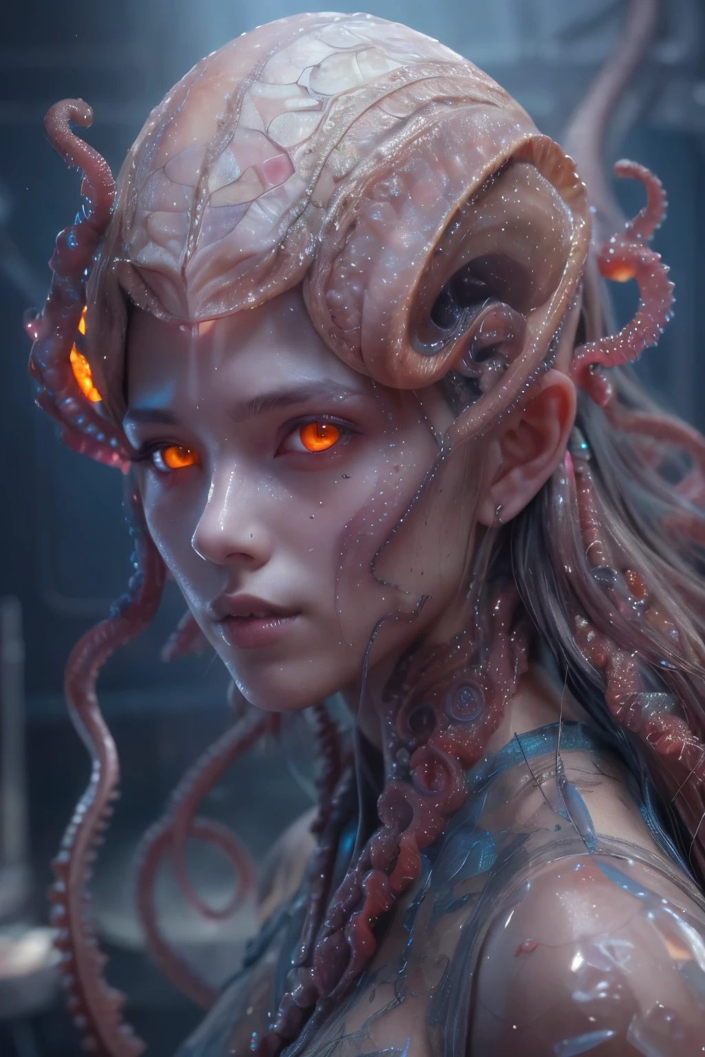 Portrait, (beautiful female alien:1.2), (she has red eyes with no pupils:1.8), (Translucent skin:1.7), (There is a female genital-like organ in the middle of the forehead:1.9), (The most beautiful face in the history of the universe:1.2),an evil gaze that seduces, (large mouth:1.1), (sharp teeth like a vampire:1.2), Full body like, (bio luminescent:1.5), (Smile wickedly:1.3), (sexypose:1.5), alien, No humans, cells are fused, (Lots of translucent tentacles:1.3) extraterrestrial, cell, bio image, Best Quality, 8K,4K_quality, High Definition, Dramatic Lighting, masutepiece:1.5,cinematic quality, detail up, (Intricate details:1.2), High resolution, High Definition, drawing faithfully, (Thick eyebrows:1.2), Beautiful eyes with fine symmetry,(Highly detailed face and eyes:1.2), Intimate face, (Super detailed skin quality feeling:1.4), Perfect Anatomy, (Beautiful toned body:1.5), (Moist skin:1.2), No makeup, (dark circles:1.1), long canines, cinematic drawing of characters, ultra high quality model, cinematic quality, detail up, (Intricate details:1.2), High resolution, High Definition, drawing faithfully, Official art, Unity 8K wall , 8K Portrait, Best Quality, Very High resolution, ultra detailed artistic photography, midnight aura, unreal enginee 5, Ultra Sharp Focus, art by alberto seveso, ArtGerm, Roisch, intricate artwork, best quality, masutepiece, ultra High resolution, (photos realistic:1.4), Ultra-realistic realism, dream-like, nautilus, Creation of fantasy, Snail, Dream Snail, biopunk nautilus, Thrilling color schemes, Ultra-realistic realism, seductively smiling, Blue tentacles,