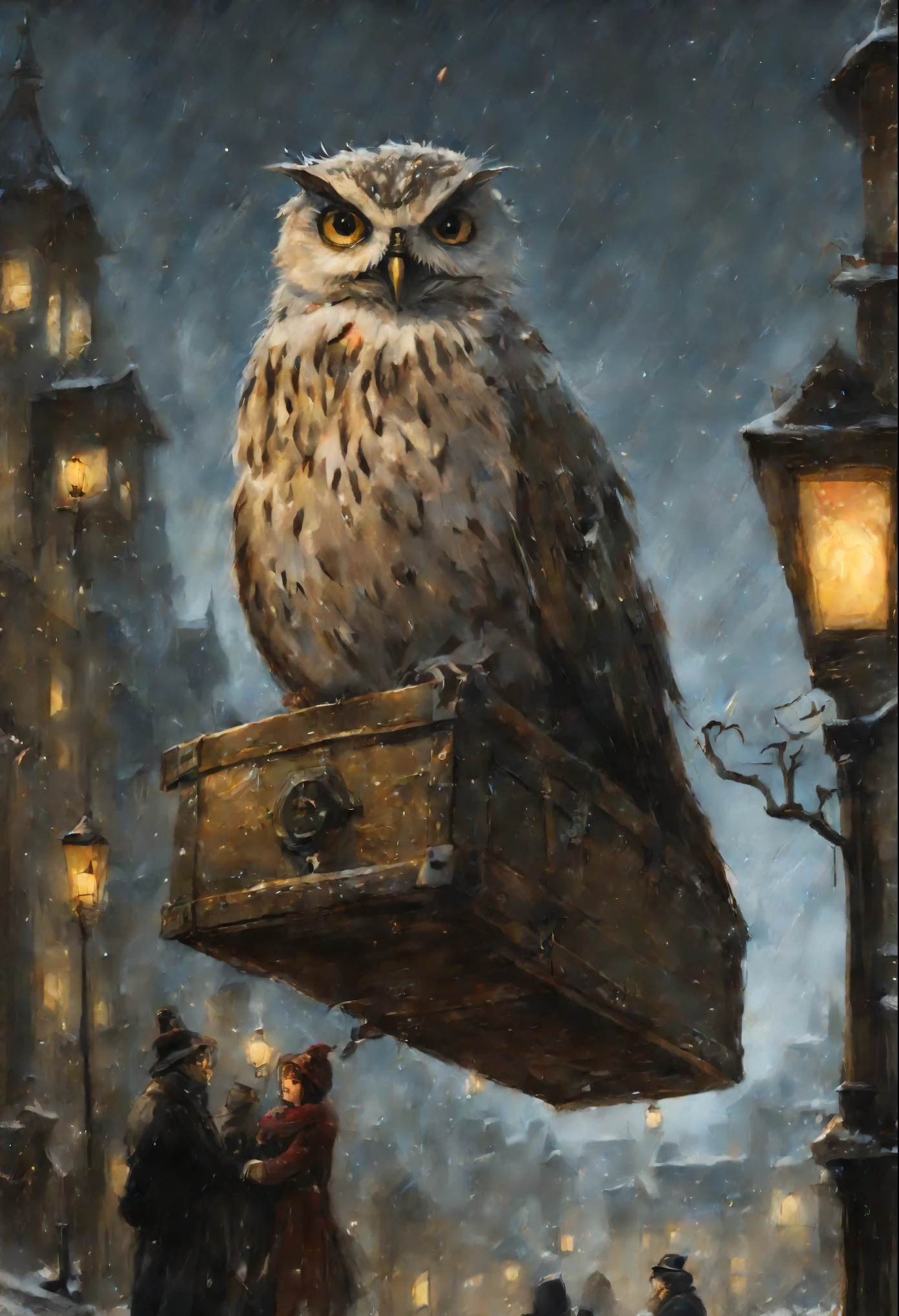 真实感, a painting, Fantastic tale, Christmas style, John Tolkien style, Small painting by Jean-Baptiste Monge, ,Anime style,Makoto Shinkai, Harry did his best to, so as not to panic. According to the big vocal clock, he had ten minutes left to do so, to take the train to Hogwarts, someone once said "trying to forget means constantly remembering" And I don't want to forget, I want to remember. but he had no idea, how can he do this. He stood in the middle of the platform with a huge suitcase, which could hardly be lifted off the ground, with pockets, full of magic money, and with a cage, where the big owl sat ,New Year's decorations.((scary decoration))(((tmasterpiece))), ((The best quality at its best)), ((intricate detials)), ((hyper realisitc))(8K), Jean-Baptiste Monge, anthropomorphic --ar 2:3 --testp -optimistic; Straight hair, panorama,