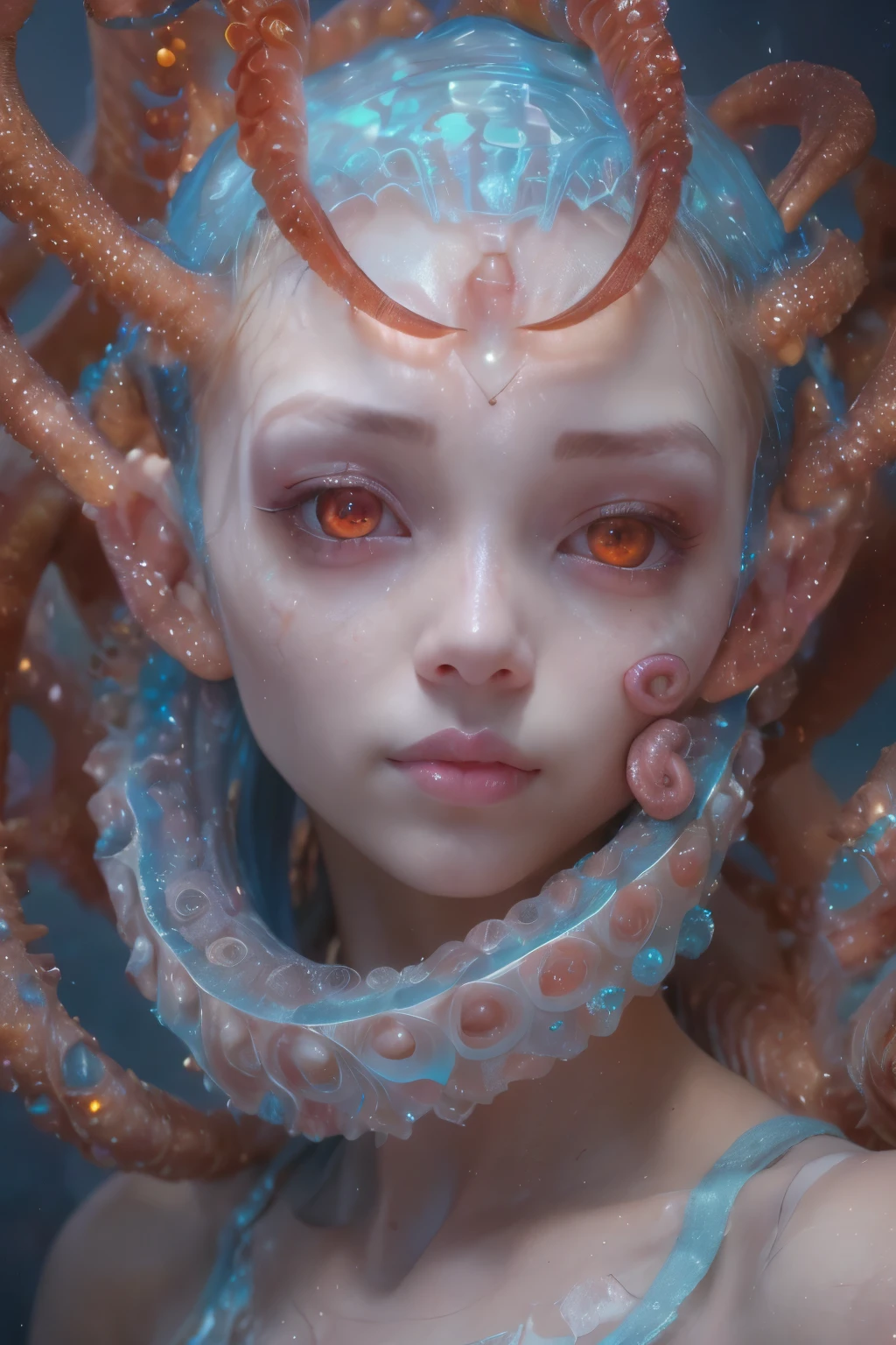 Portrait, (beautiful female alien:1.2), (she has red eyes with no pupils:1.8), (Translucent skin:1.7), (There is a female genital-like organ in the middle of the forehead:1.9), (The most beautiful face in the history of the universe:1.2),an evil gaze that seduces, (large mouth:1.1), (sharp teeth like a vampire:1.2), Full body like, (bio luminescent:1.5), (Smile wickedly:1.3), (sexypose:1.5), alien, No humans, cells are fused, (Lots of translucent tentacles:1.3) extraterrestrial, cell, bio image, Best Quality, 8K,4K_quality, High Definition, Dramatic Lighting, masutepiece:1.5,cinematic quality, detail up, (Intricate details:1.2), High resolution, High Definition, drawing faithfully, (Thick eyebrows:1.2), Beautiful eyes with fine symmetry,(Highly detailed face and eyes:1.2), Intimate face, (Super detailed skin quality feeling:1.4), Perfect Anatomy, (Beautiful toned body:1.5), (Moist skin:1.2), No makeup, (dark circles:1.1), long canines, cinematic drawing of characters, ultra high quality model, cinematic quality, detail up, (Intricate details:1.2), High resolution, High Definition, drawing faithfully, Official art, Unity 8K wall , 8K Portrait, Best Quality, Very High resolution, ultra detailed artistic photography, midnight aura, unreal enginee 5, Ultra Sharp Focus, art by alberto seveso, ArtGerm, Roisch, intricate artwork, best quality, masutepiece, ultra High resolution, (photos realistic:1.4), Ultra-realistic realism, dream-like, nautilus, Creation of fantasy, Snail, Dream Snail, biopunk nautilus, Thrilling color schemes, Ultra-realistic realism, seductively smiling, Blue tentacles,