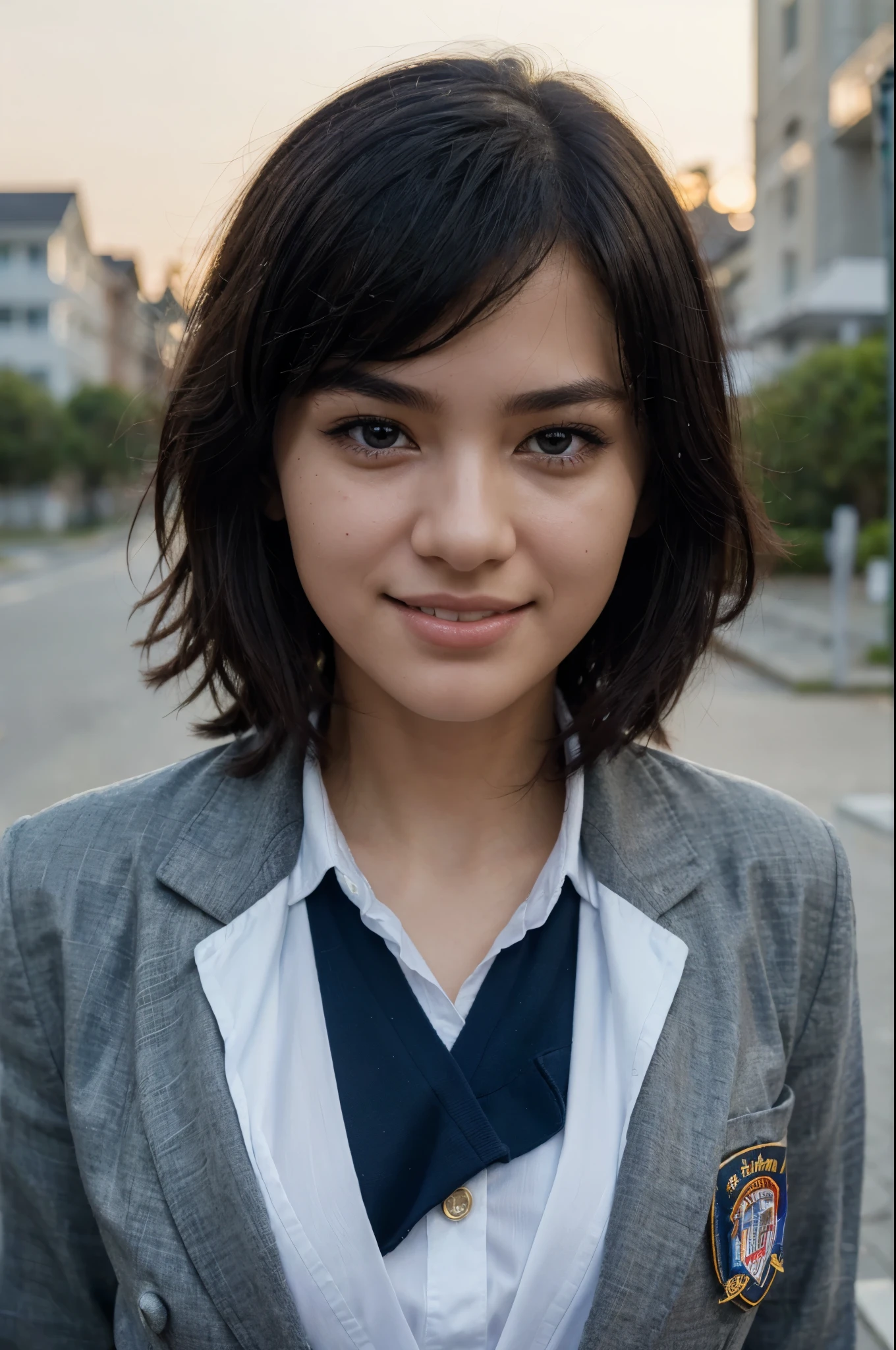 (top-quality,8K picture quality,​masterpiece:1.3),(A high resolution,Photorealsitic:1.4,Raw photography),(ultra-detailliert,Caustics,Detailed background),(Ultra-realistic capture,Beautifully detailed skin,perfect anatomia),at the sunset,Sunset sky,beach, 18year old ,Kawaii,Single eyelid,Black hair short messy ,School Blazer Uniform,Looking at the camera,A smile,Bust-up shot,natural soft light
