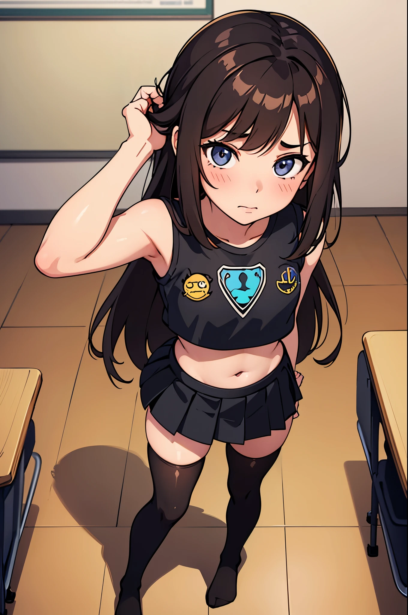 1woman, brunette hair, hair covering right eye, ow2 d.va face, blushing, spaggethi string crop top, small pleated black skirt, black thigh-highs, pulling up her thigh-highs over her thigh, pulling up her right legging, no shoes, classroom background, from above