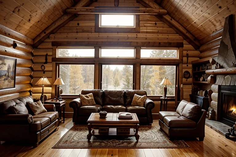 The living room of a log cabin with two-story floor-to-ceiling windows and a fireplace on one wall.
Outside, it's a dark night and the landscape is covered in snow. In the center of the living room is a table and a comfortable sofa. The interior has the feel of raw wood and cozy lighting with a warm atmosphere. There is a fireplace on one wall and a grand piano on the other.