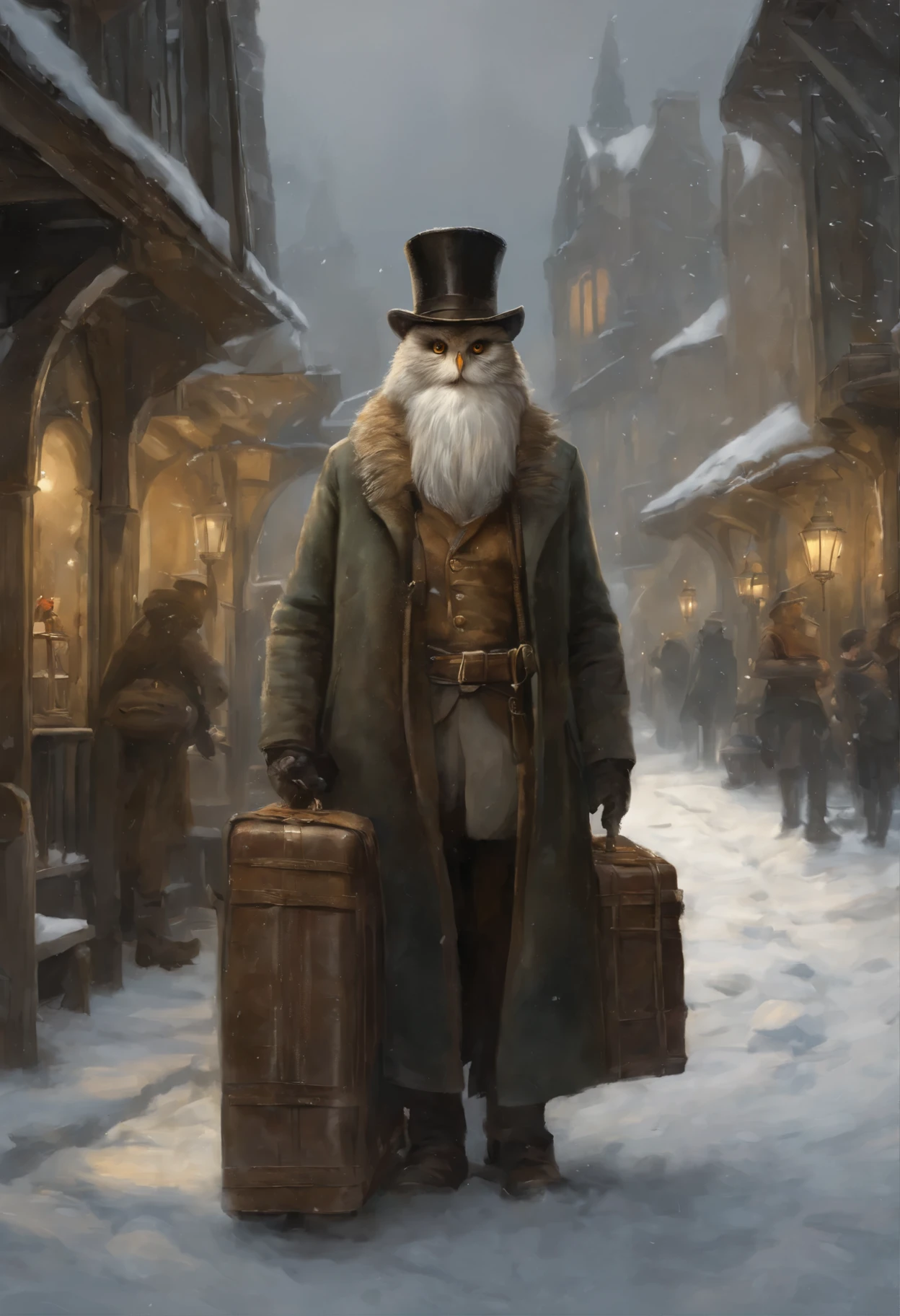 真实感, a painting, Fantastic tale, Christmas style, John Tolkien style, Small painting by Jean-Baptiste Monge, ,Anime style,Makoto Shinkai, Harry did his best to, so as not to panic. According to the big vocal clock, he had ten minutes left to do so, to take the train to Hogwarts, someone once said "trying to forget means constantly remembering" And I don't want to forget, I want to remember. but he had no idea, how can he do this. He stood in the middle of the platform with a huge suitcase, which could hardly be lifted off the ground, with pockets, full of magic money, and with a cage, where the big owl sat ,New Year's decorations.((scary decoration))(((tmasterpiece))), ((The best quality at its best)), ((intricate detials)), ((hyper realisitc))(8K), Jean-Baptiste Monge, anthropomorphic --ar 2:3 --testp -optimistic; Straight hair, panorama,