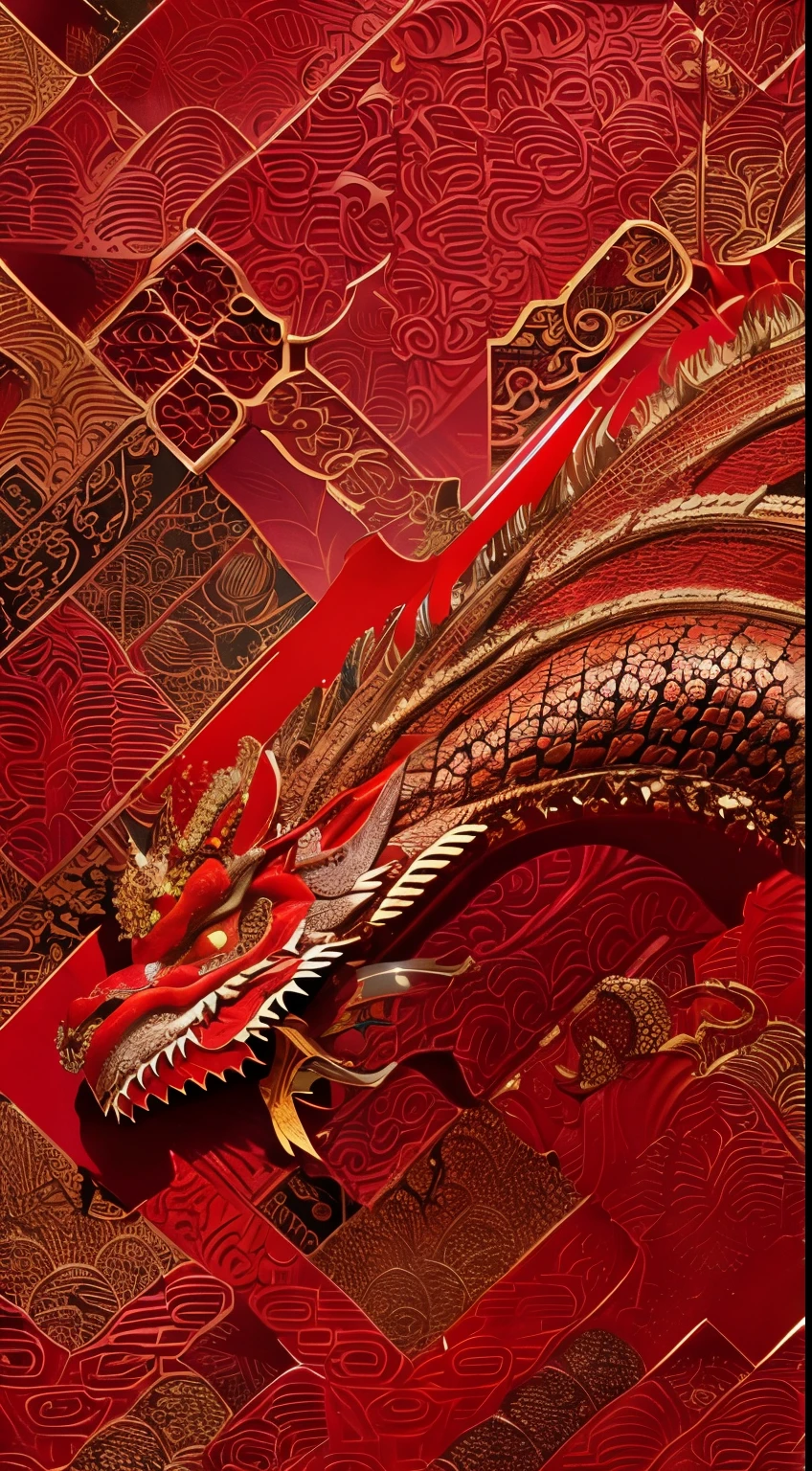 Red Chinese dragon,skin texture、Patterns、jubilation,UE5,red gold background