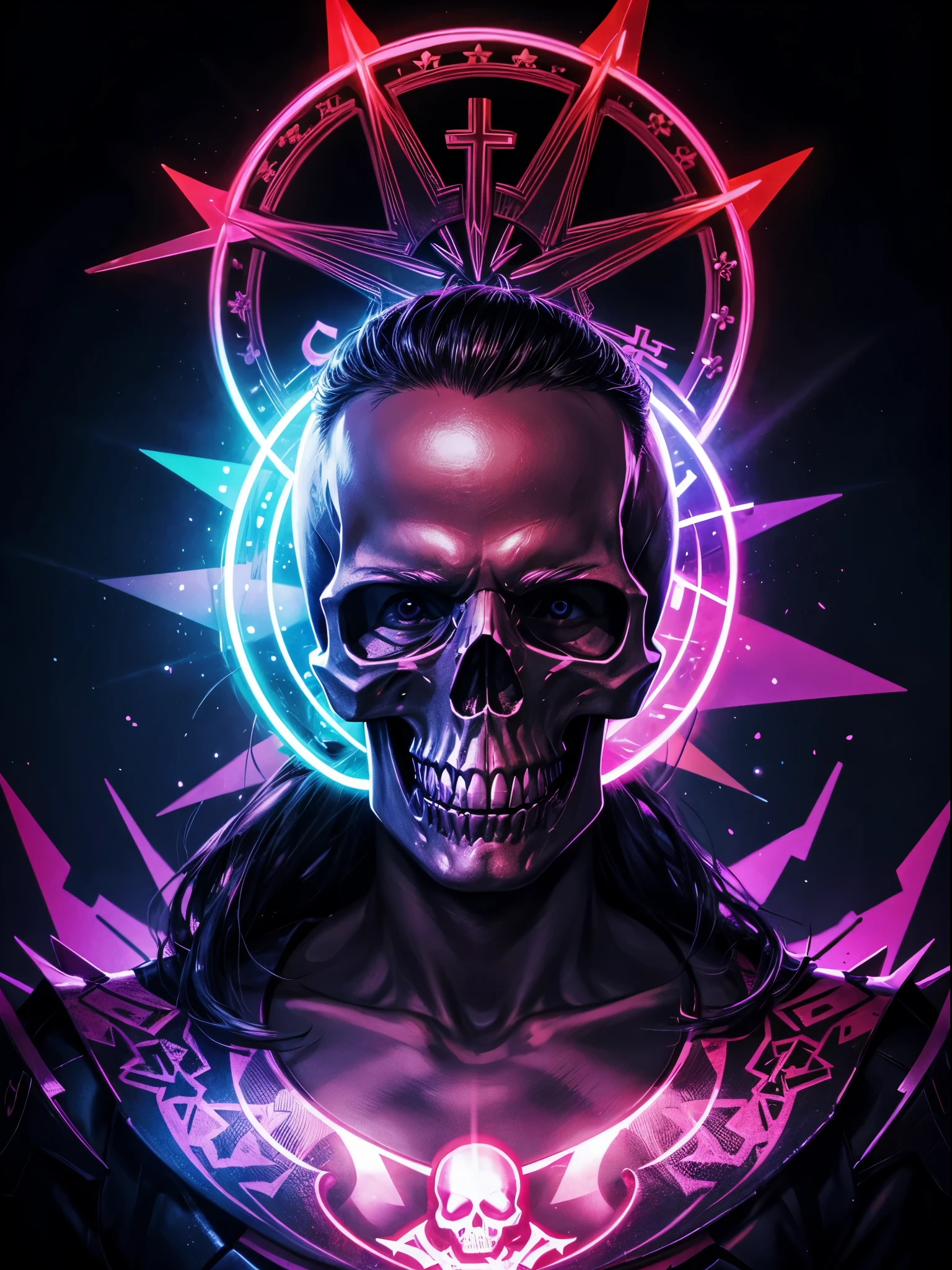 pixelated style,(glowing red,cross-shaped glow,blooming flowers)),interstellar misty background,polished,((silver skull)),light composition,rainbow,rainbow around the skull,vibrant,various structural power effect illustrations,glorious circular composition,alone,gbaportrait