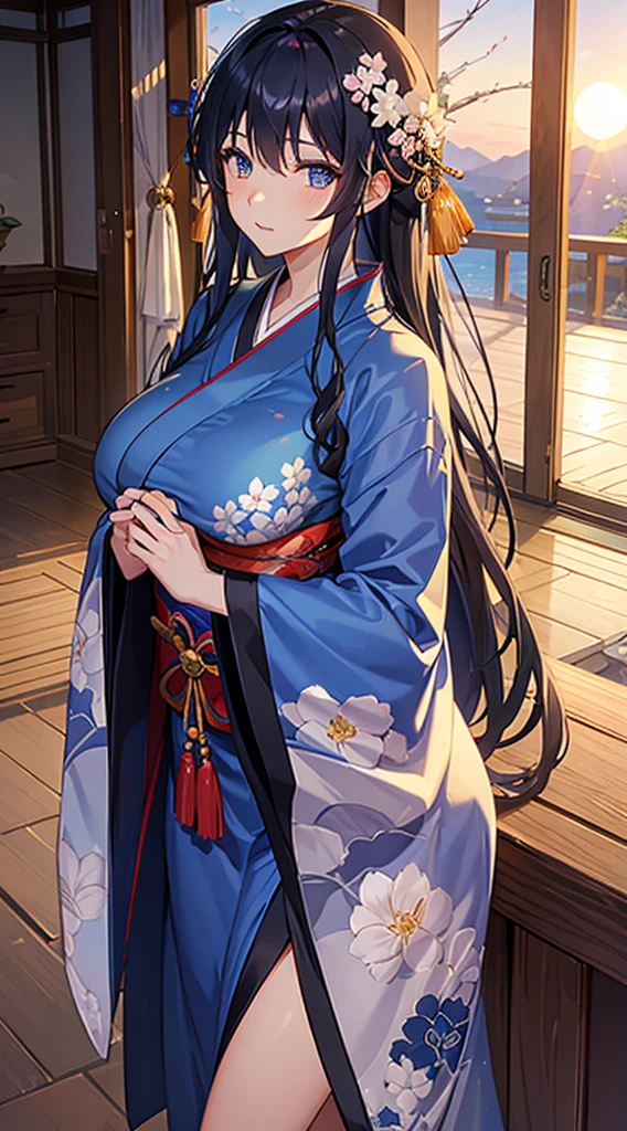 Blue kimono、Dark hair、Blue eyes、length hair、sunset shrine、First visit、plum blossom pattern、Beautiful woman with big breasts、