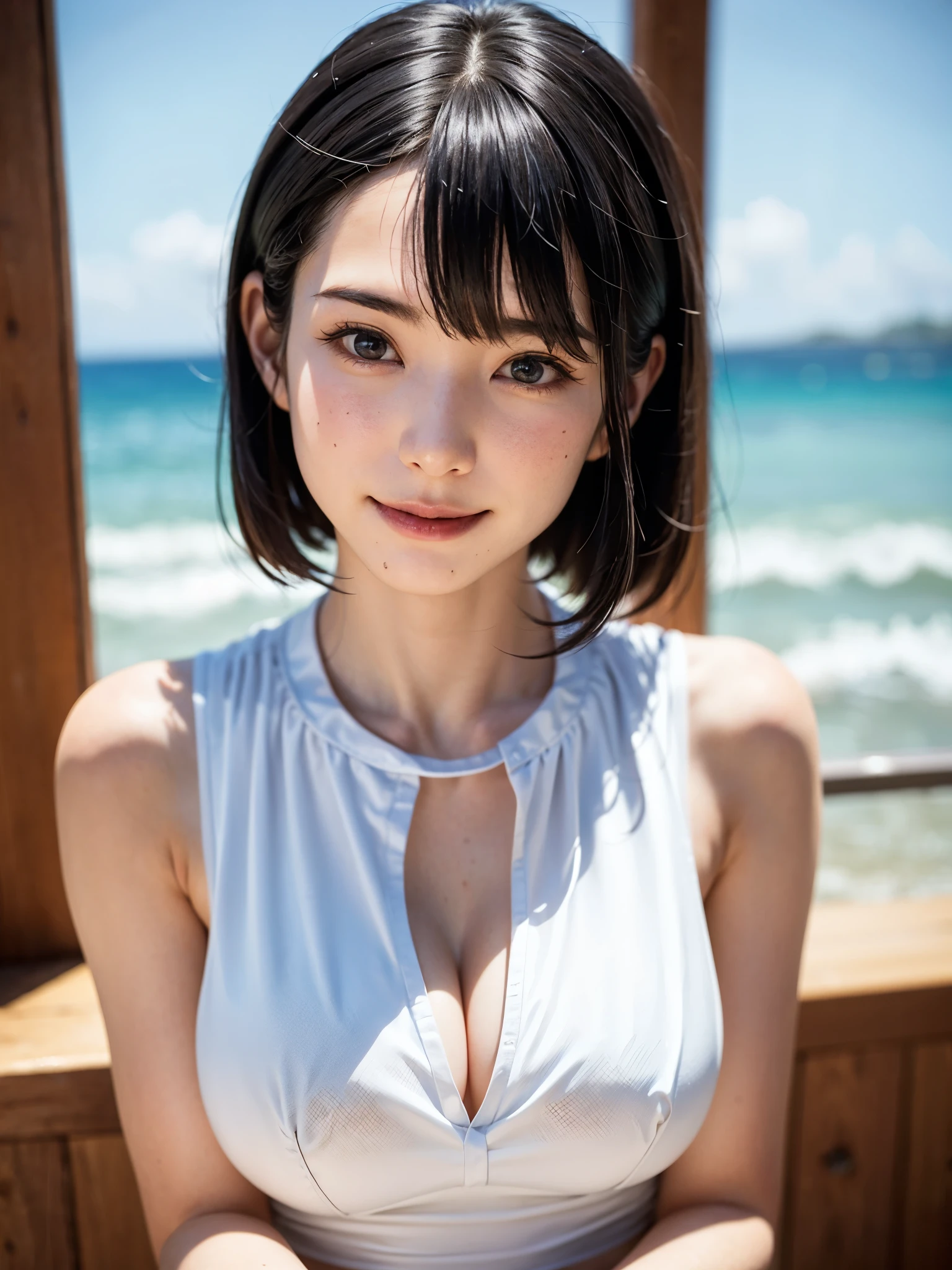 女の子1人、top-quality、realisitic、report、depth of fields、natural soft light、during daytime、魅惑的、beauitful face、Cleanliness、Pure face、de pele branca、cute hawk hair、bangss、the beach、rays of sunshine、Nedium Breast Body Esbian、((Attractive see-through costume、Golden Ratio Beauty Face、 Beautiful symmetrical face))、long neck、Put your ears out、bangssのあるきれいな短いボブヘア、Smile with your mouth closed:1.4、Smile with your mouth closed:1.4、perfect hand指、perfect hand、Perfect body、face perfect、Shine a light into the eyes、Perfect Anatomy:1.4、very cute super model:1.4、sexual:1.4