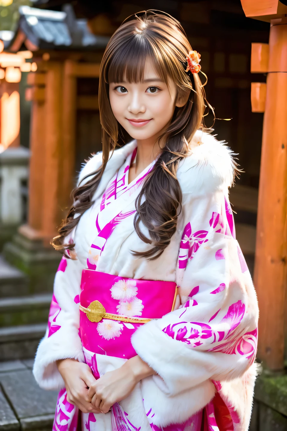 (Best Quality:1.4), (8K), 32K, (nffsw), (masutepiece:1.3), Photos of pretty women in Japan, (Photorealistic), (Raw photography), (1girl in), (The ultra -The high-definition), (Detailed face), Perfect face, (detailed hairs), Beautiful hair, Bangs, layers-Cut, (Symmetrical eyes:1.3), (Detailed eyes), (Detailed skin), Realistic skin, The ultra -The high-definition目, (medium breasts), (slim figure), (Supermodel Figures), Gentle smile, a Japanese young pretty girl, Gentle smile,
( Wearing a pink floral kimono:1.5, white fur shawl:1.5 ), Full body shot, ultra wide-angle, Cinematic lighting, (Background of Fushimi Inari Taisha:1.3)