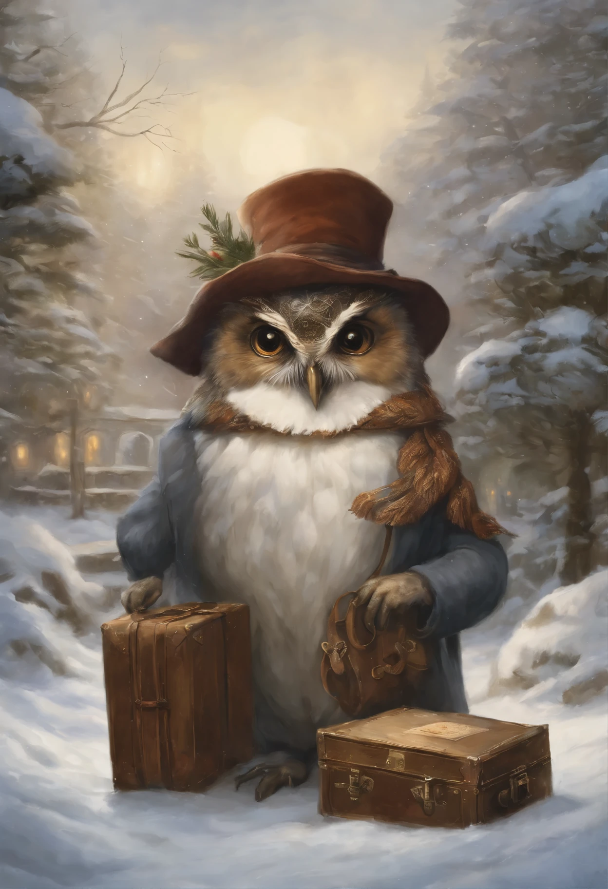 真实感, a painting, Fantastic tale, Christmas style, John Tolkien style, Small painting by Jean-Baptiste Monge, ,Anime style,Makoto Shinkai, Harry did his best to, so as not to panic. According to the big vocal clock, he had ten minutes left to do so, to take the train to Hogwarts, someone once said "trying to forget means constantly remembering" And I don't want to forget, I want to remember. but he had no idea, how can he do this. He stood in the middle of the platform with a huge suitcase, which could hardly be lifted off the ground, with pockets, full of magic money, and with a cage, where the big owl sat ,New Year's decorations.((scary decoration))(((tmasterpiece))), ((The best quality at its best)), ((intricate detials)), ((hyper realisitc))(8K), Jean-Baptiste Monge, anthropomorphic --ar 2:3 --testp -optimistic; Straight hair, panorama,