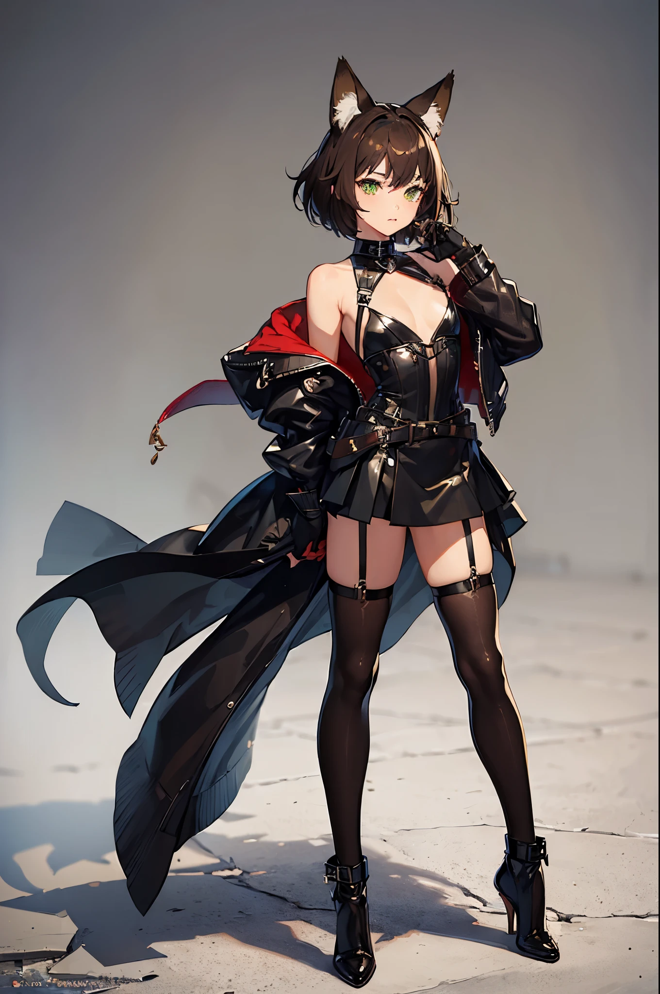 (Masterpiece: 1.5), (Best Quality: 1.5), (Perfect Face), Fox ears, Fox Tail, dark brown hair, green eyes, femboy, feminine male, flat chest, full body, leather skirt, short hair, fluffy hair, leather harness, thick tights, leather gloves, leather stockings,