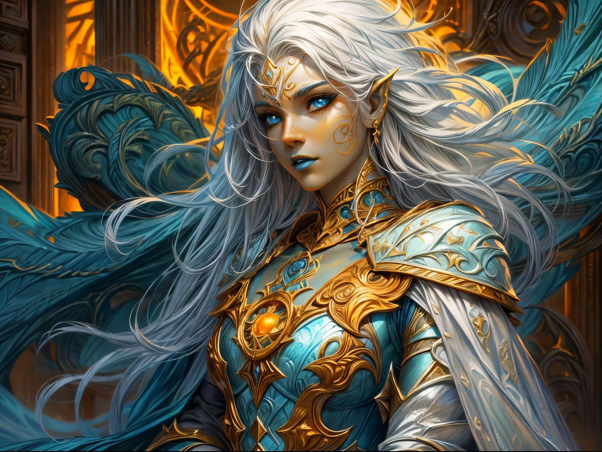 fantasy art, dnd art, RPG art, wide shot, (masterpiece: 1.4) portrait, intense details, highly detailed, photorealistic, best quality, highres, portrait a vedalken female (fantasy art, Masterpiece, best quality: 1.3) ((blue skin: 1.5)), intense details facial details, exquisite beauty, (fantasy art, Masterpiece, best quality) cleric, (blue colored skin: 1.5) 1person blue_skin, blue skinned female, (white hair: 1.3), long hair, intense green eye, fantasy art, Masterpiece, best quality) armed a fiery sword red fire, wearing heavy (white: 1.3) half plate mail armor CM-Beautiful_armor wearing high heeled laced boots, wearing an(orange :1.3) cloak, wearing glowing holy symbol GlowingRunes_yellow, within fantasy temple background, reflection light, high details, best quality, 16k, [ultra detailed], masterpiece, best quality, (extremely detailed), close up, ultra wide shot, photorealistic, RAW, fantasy art, dnd art, fantasy art, realistic art,