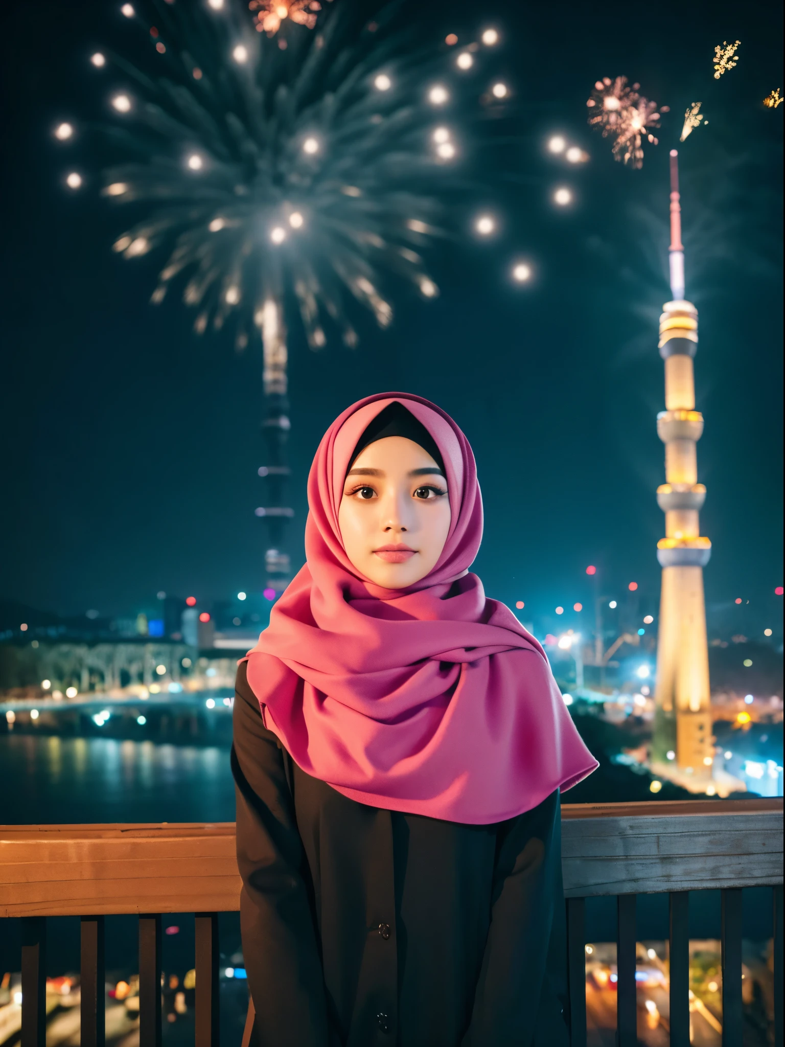 hijab, seoul, night, firework in the background