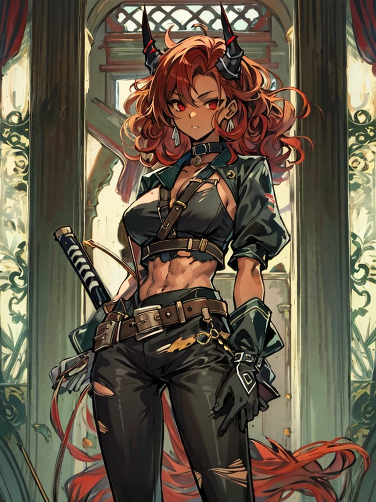 Masterpiece, best quality, high-res, extremely detailed, solo, a character portrait inspired by Masamune Shirow, trending on pixiv, by Masamune Shirow, 1girl, (dark brown skin tone:1.2), red eyes, red hair, red curly hair, horns, short leather jacket, sleeves, abs, gloves, pants, torn pants, choker, belt, crop top