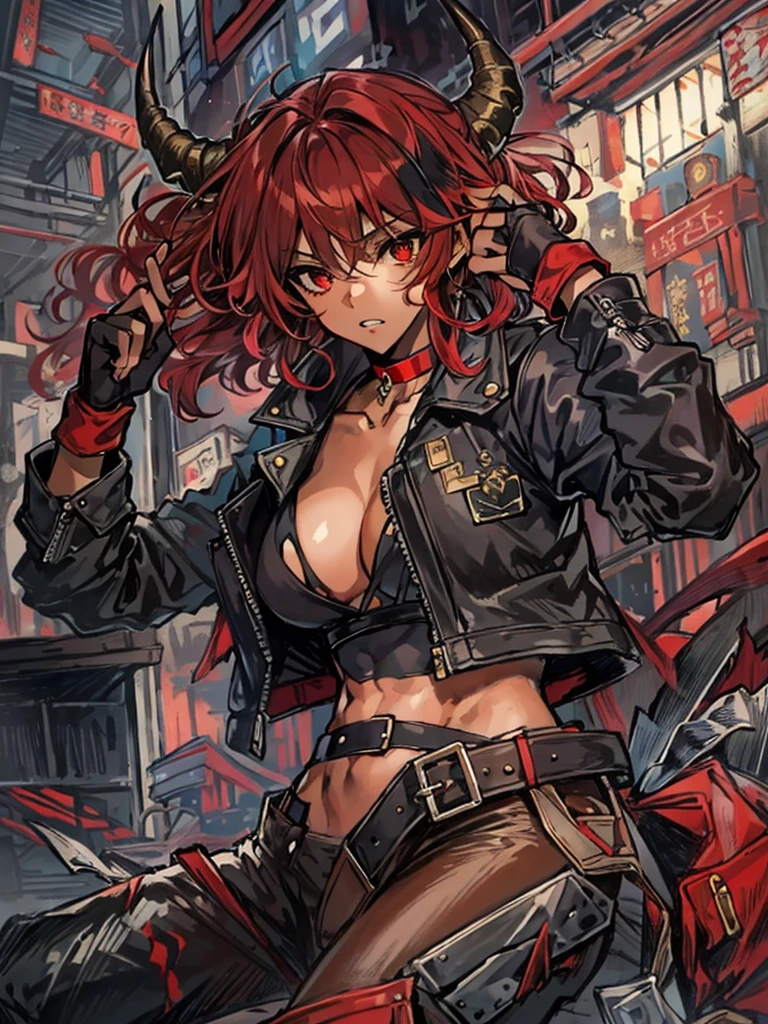 Masterpiece, best quality, high-res, extremely detailed, solo, a character portrait inspired by Masamune Shirow, trending on pixiv, by Masamune Shirow, 1girl, (dark brown skin tone:1.2), red eyes, red hair, red curly hair, horns, short leather jacket, sleeves, abs, gloves, pants, torn pants, choker, belt, crop top