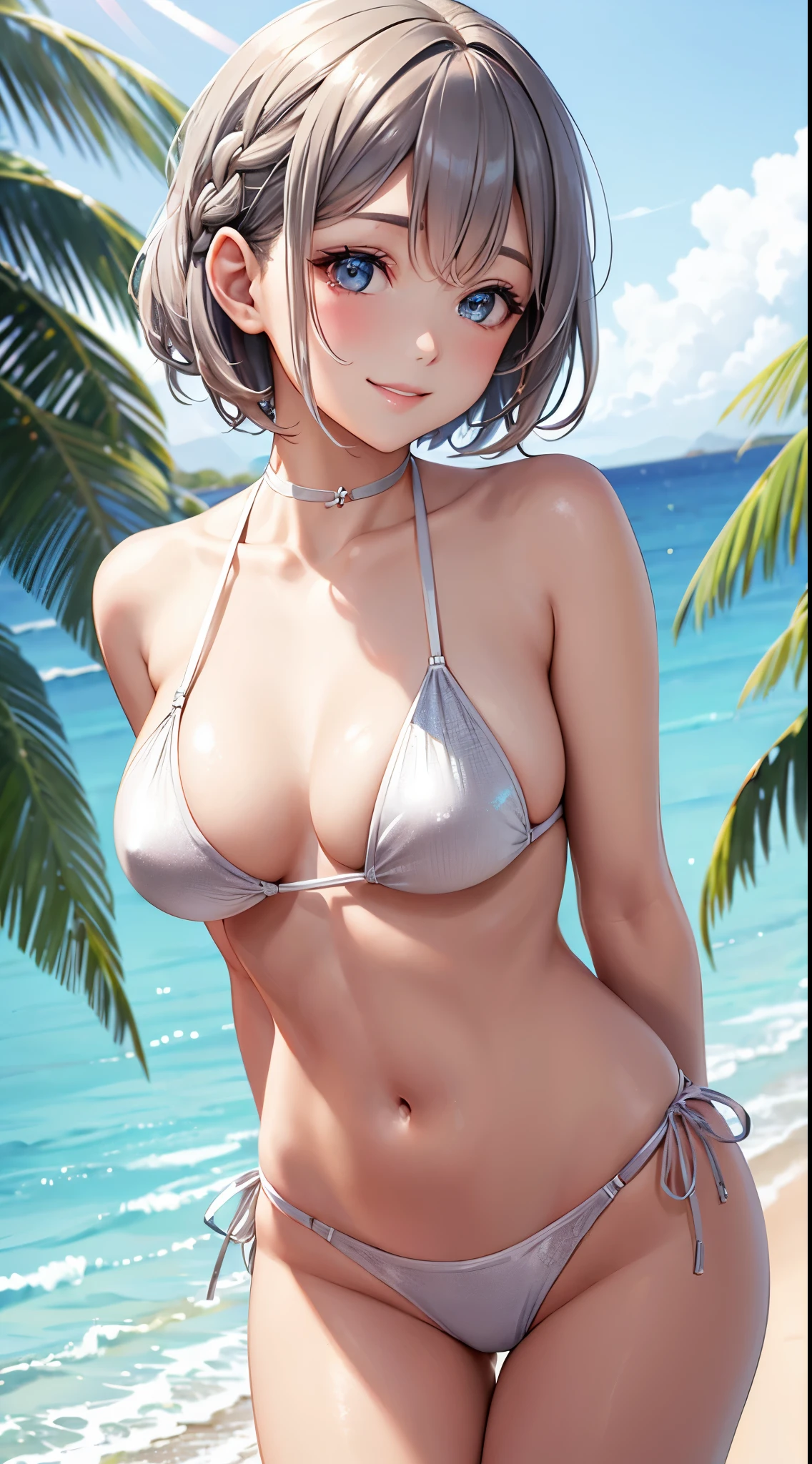 incomparable beauty, glowy skin、Firming, silber hair, Beautiful and kind girl,smile kindly,Short hair details,french braid,high cut bikini swimsuit