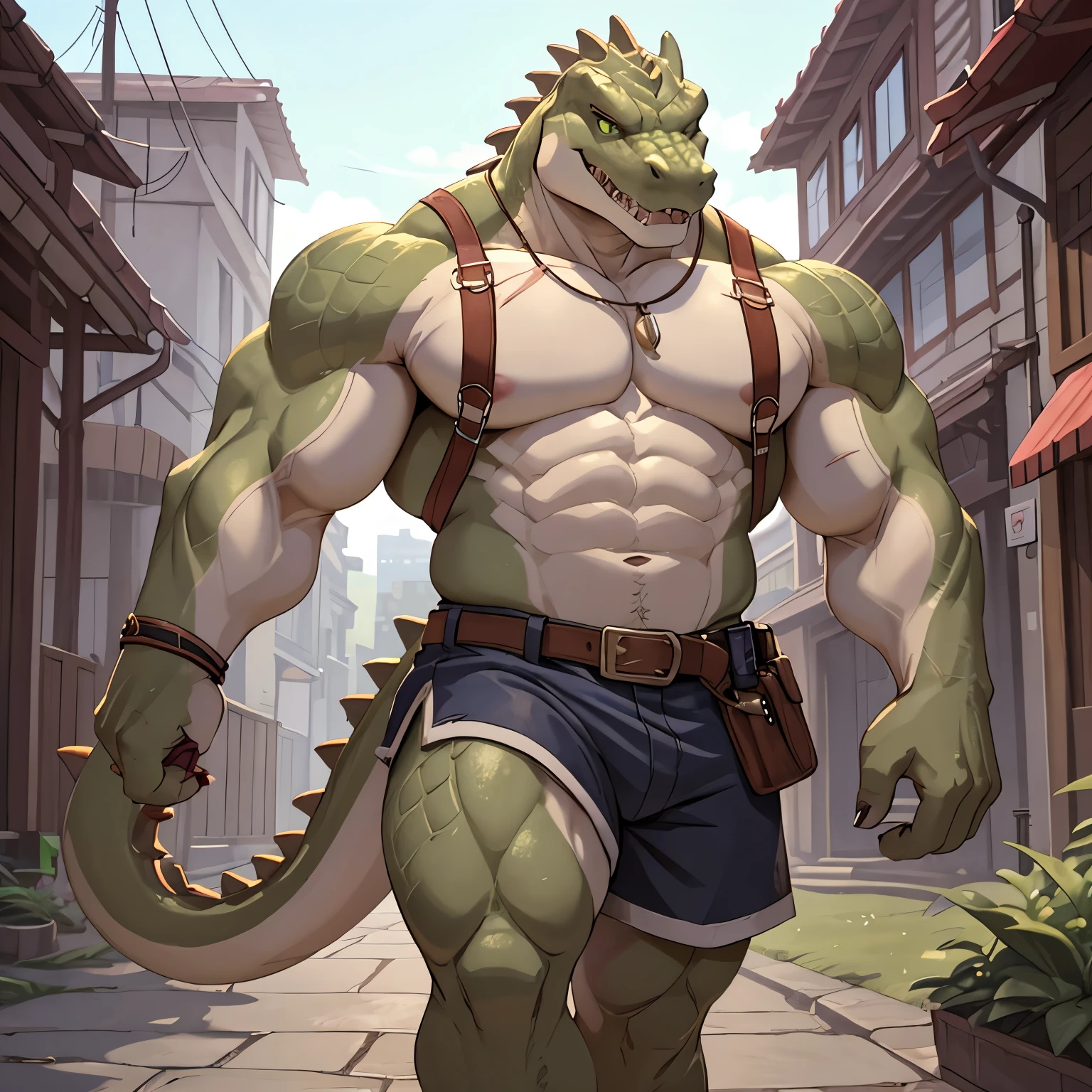 nj5furry, sweat drops, zenberu gugu, scalie, reptile, scar, anthro, crocodilian, male, solo, green body, scales, hi res, crocodylid, clothing, facial scar, muscular, green scales, teeth,
zenberu gugu,