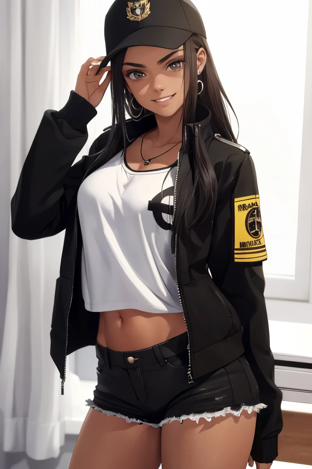 Photograph of a 20-year-old woman, Cara perfecta, Obra maestra, bien, ropa interior, negro_bien, chaqueta, negro_bragas femboy , sonrisa sexy