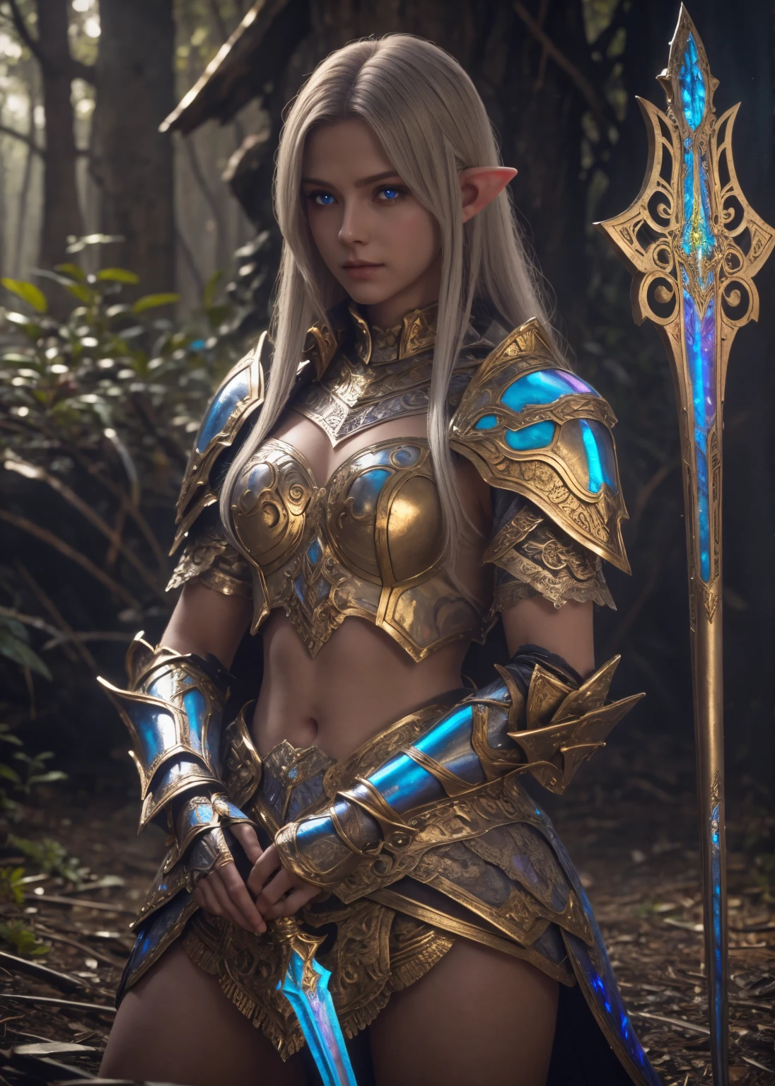 Best quality, female elf, ((knight armor)), ((well toned)), enchanted forest, glowing sword, fantasy artwork, vibrant colors, high resolution.