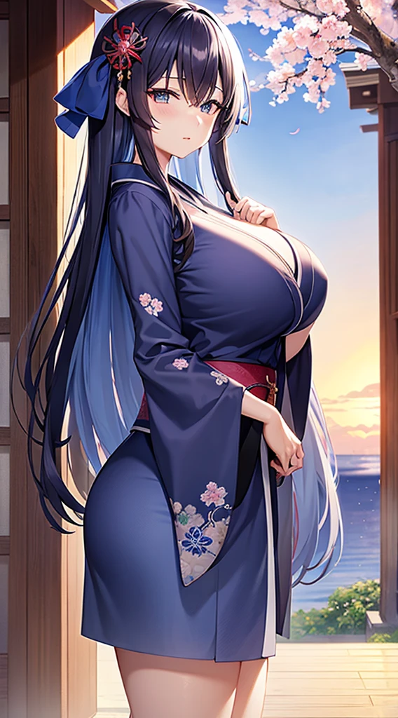 Blue kimono、Dark hair、Blue eyes、length hair、sunset shrine、First visit、plum blossom pattern、Beautiful woman with big breasts、