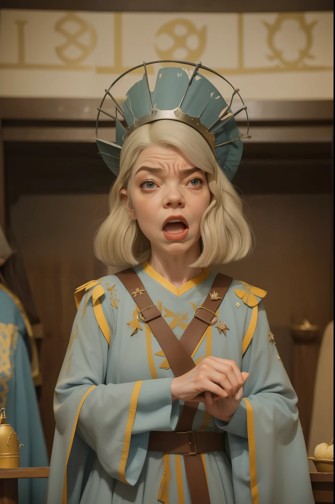 Anya Taylor-Joy face, 61-year-old, wrinkles, furious and feral expression