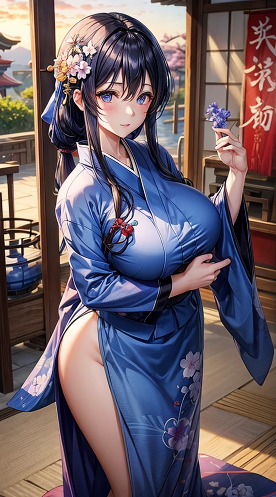 Blue kimono、Dark hair、Blue eyes、length hair、sunset shrine、First visit、plum blossom pattern、Beautiful woman with big breasts、