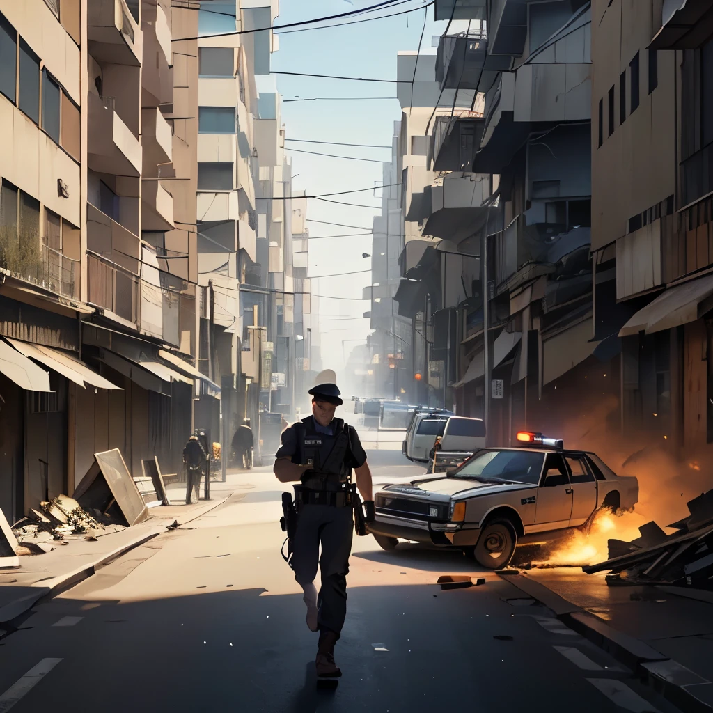 Generate a Image of Man with guns and he is roaming in the city like a gangster and on his chest there is name plate on which the name "Faseeh" is written, the buildings on that image are also destroying because of bombs explosion and some police men are dead on the same road too
