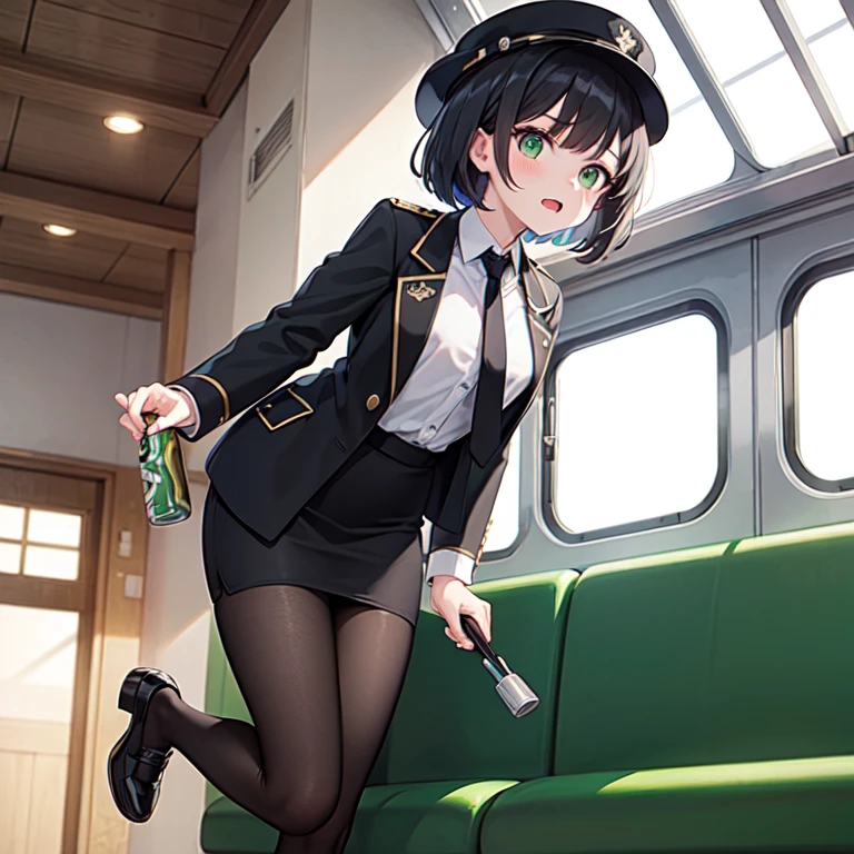 1girl, solo, super fine illustration, an extremely delicate and beautiful, best quality, black hair, short hair, green eyes, looking at the beer can, angry expression, black uniform jacket, white shirt, black necktie, black pencil skirt, black shoes, black stockings, conductor hat, name tag, whistle, train interior, aisle, window, daytime, countryside scenery, half body, danbooru style.