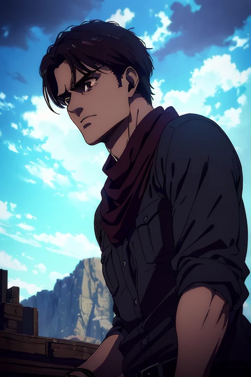 (best quality,4k,highres,masterpiece:1.2),ultra-detailed,(realistic,photorealistic,photo-realistic:1.37),Mappa art style,(vivid colors,strong contrast:1.1),(dramatic,moody:0.9) lighting,A male character with (beautiful detailed,brown) eyes and with (beautiful detailed,black) hair, (sharp,strong) jawline, wearing a (Black) shirt, (sky blue) scarf