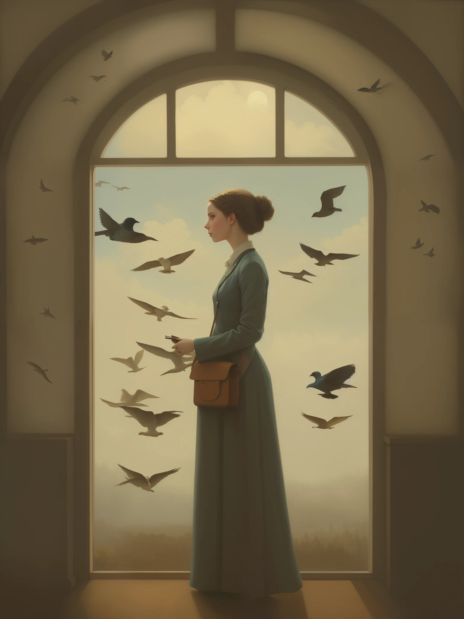 Painting of a blue-eyed, blonde-haired woman, standing in front of the window, birds fly overhead., ghibli Tom Bagshaw, Tom Bagshaw style, inspired Tom Bagshaw, Tom Bagshaw inspired, art Tom Bagshaw, Tom Bagshaw artstyle, artstyle Tom Bagshaw, Tom Bagshaw. oil painting, based on Jakub Schikaneder, style of Tom Bagshaw