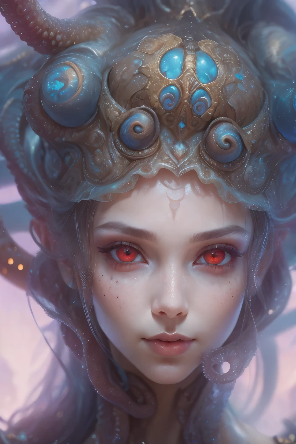Portrait, (beautiful female alien:1.2), (she has red eyes with no pupils:1.8), (Translucent skin:1.7), (There is a female genital-like organ in the middle of the forehead:1.9), (The most beautiful face in the history of the universe:1.2),an evil gaze that seduces, (large mouth:1.1), (sharp teeth like a vampire:1.2), Full body like, (bio luminescent:1.5), (Smile wickedly:1.3), (sexypose:1.5), alien, No humans, cells are fused, (Lots of translucent tentacles:1.3) extraterrestrial, cell, bio image, Best Quality, 8K,4K_quality, High Definition, Dramatic Lighting, masutepiece:1.5,cinematic quality, detail up, (Intricate details:1.2), High resolution, High Definition, drawing faithfully, (Thick eyebrows:1.2), Beautiful eyes with fine symmetry,(Highly detailed face and eyes:1.2), Intimate face, (Super detailed skin quality feeling:1.4), Perfect Anatomy, (Beautiful toned body:1.5), (Moist skin:1.2), No makeup, (dark circles:1.1), long canines, cinematic drawing of characters, ultra high quality model, cinematic quality, detail up, (Intricate details:1.2), High resolution, High Definition, drawing faithfully, Official art, Unity 8K wall , 8K Portrait, Best Quality, Very High resolution, ultra detailed artistic photography, midnight aura, unreal enginee 5, Ultra Sharp Focus, art by alberto seveso, ArtGerm, Roisch, intricate artwork, best quality, masutepiece, ultra High resolution, (photos realistic:1.4), Ultra-realistic realism, dream-like, nautilus, Creation of fantasy, Snail, Dream Snail, biopunk nautilus, Thrilling color schemes, Ultra-realistic realism, seductively smiling, Blue tentacles,