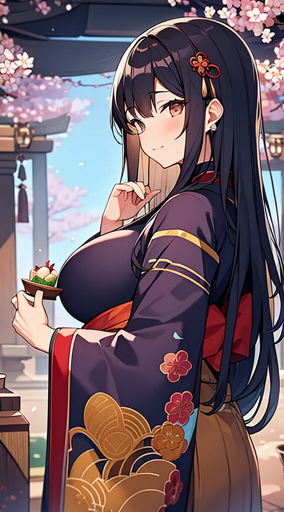 A dark-haired、Brown eyes、Beautiful woman with big breasts、A blue kimono with a pattern of a climbing dragon and plum blossoms、The background is a shrine、Happy New Year logo on the top right、