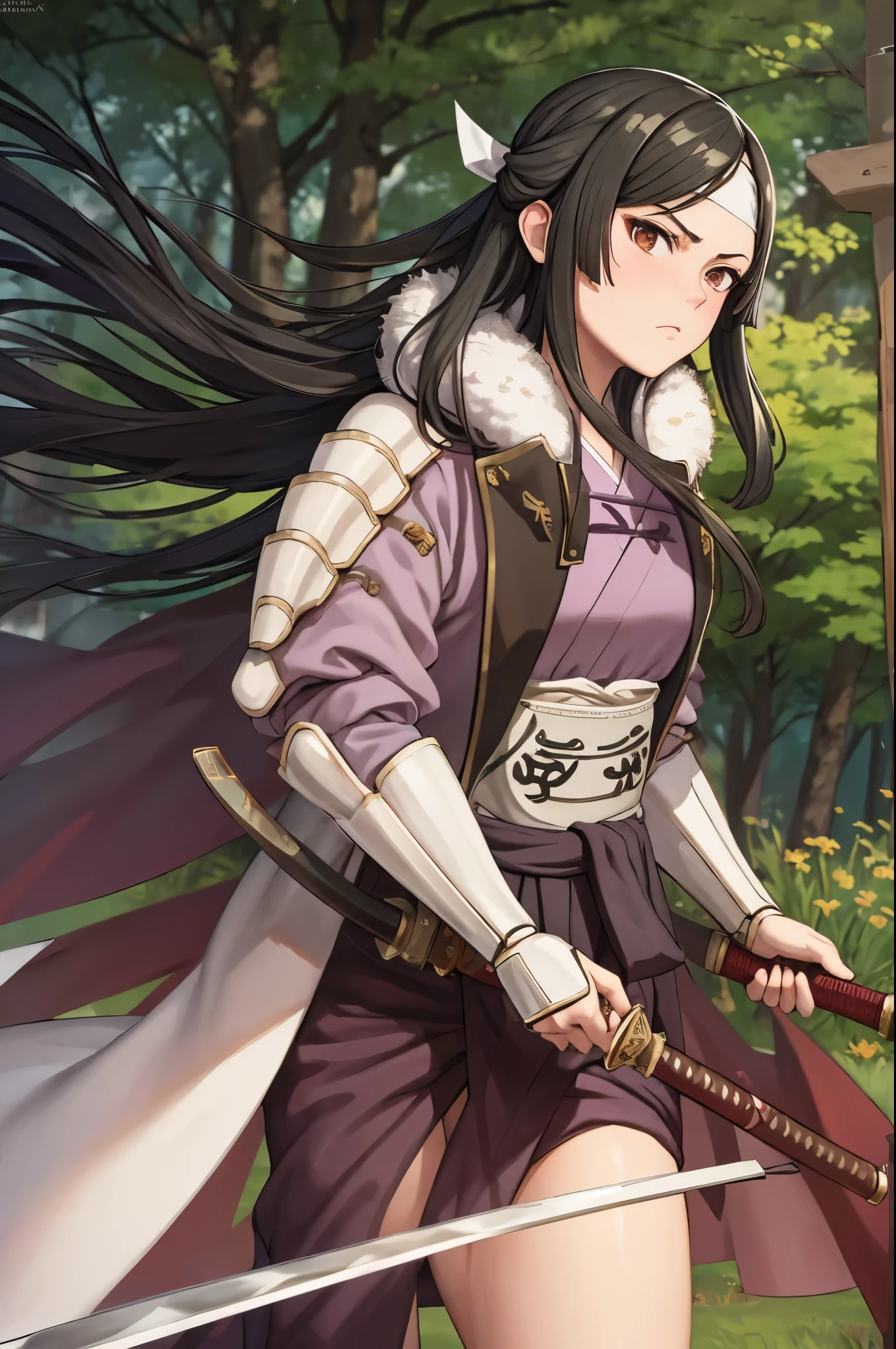 masterpiece, best quality, sayri, headband, armor, japanese clothes, sash, fur trim, cowboy shot, looking at viewer, forest, furrowed brow, holding weapon, KatanaOneHand