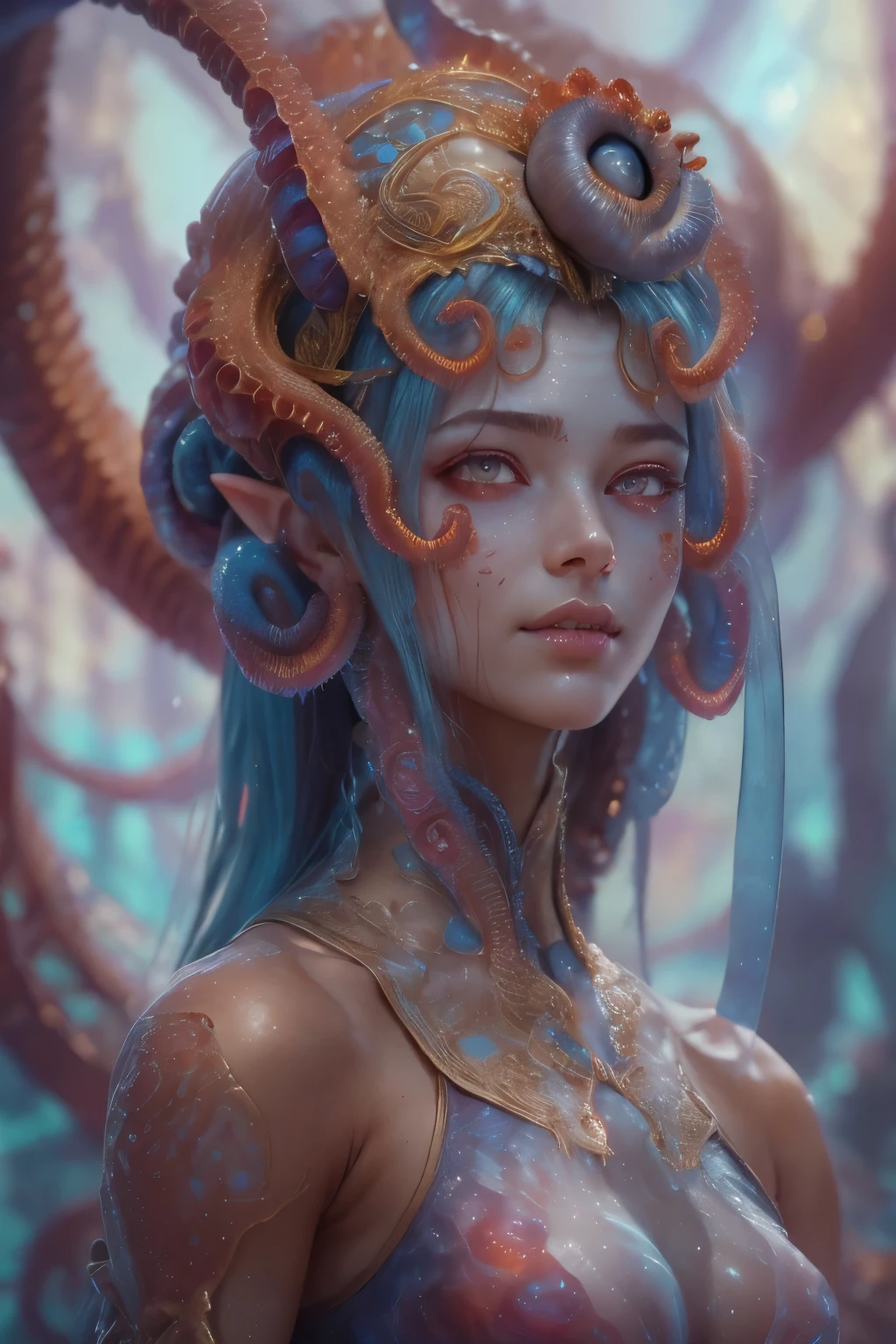 Portrait, (beautiful female alien:1.2), (she has red eyes with no pupils:1.8), (Translucent skin:1.7), (There is a female genital-like organ in the middle of the forehead:1.9), (The most beautiful face in the history of the universe:1.2),an evil gaze that seduces, (large mouth:1.1), (sharp teeth like a vampire:1.2), Full body like, (bio luminescent:1.5), (Smile wickedly:1.3), (sexypose:1.5), alien, No humans, cells are fused, (Lots of translucent tentacles:1.3) extraterrestrial, cell, bio image, Best Quality, 8K,4K_quality, High Definition, Dramatic Lighting, masutepiece:1.5,cinematic quality, detail up, (Intricate details:1.2), High resolution, High Definition, drawing faithfully, (Thick eyebrows:1.2), Beautiful eyes with fine symmetry,(Highly detailed face and eyes:1.2), Intimate face, (Super detailed skin quality feeling:1.4), Perfect Anatomy, (Beautiful toned body:1.5), (Moist skin:1.2), No makeup, (dark circles:1.1), long canines, cinematic drawing of characters, ultra high quality model, cinematic quality, detail up, (Intricate details:1.2), High resolution, High Definition, drawing faithfully, Official art, Unity 8K wall , 8K Portrait, Best Quality, Very High resolution, ultra detailed artistic photography, midnight aura, unreal enginee 5, Ultra Sharp Focus, art by alberto seveso, ArtGerm, Roisch, intricate artwork, best quality, masutepiece, ultra High resolution, (photos realistic:1.4), Ultra-realistic realism, dream-like, nautilus, Creation of fantasy, Snail, Dream Snail, biopunk nautilus, Thrilling color schemes, Ultra-realistic realism, seductively smiling, Blue tentacles,