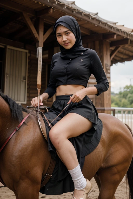 Malay girl with full hijab ridding horse and use arrow while wear long skirt and have one man beside that girl
