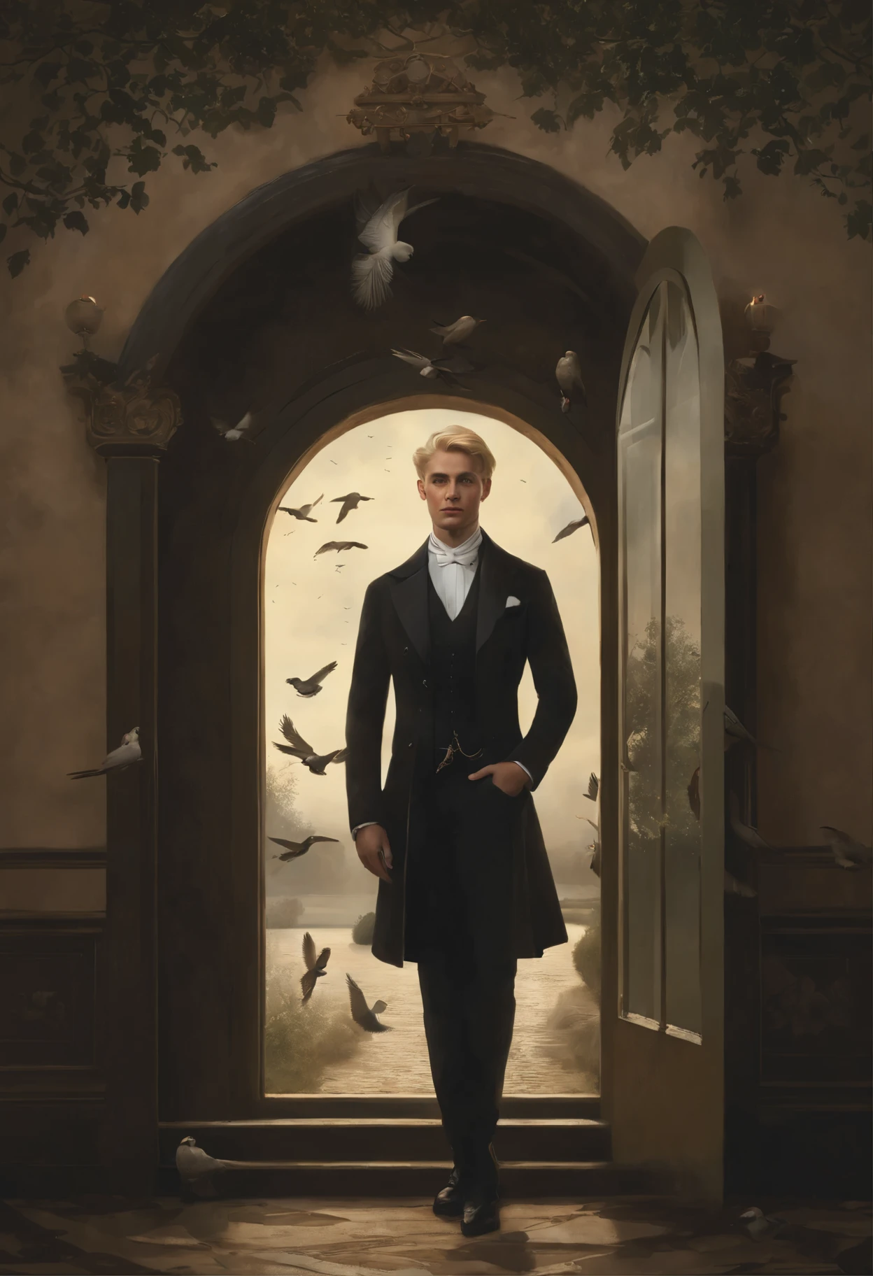 Photo of a blond man, standing in the doorway, and the birds fly around., Ghibli Tom Bagshaw, tom bagshaw style, artstyle: Tom Bagshaw, Tom Bagshaw Weta Studio, tom bagshaw style, Tom Bagshaw Донато Джанкола, The cover of the novel for the book, artstyle Тома Бэгшоу, based on Jakub Schikaneder, inspired by Brian Despain
