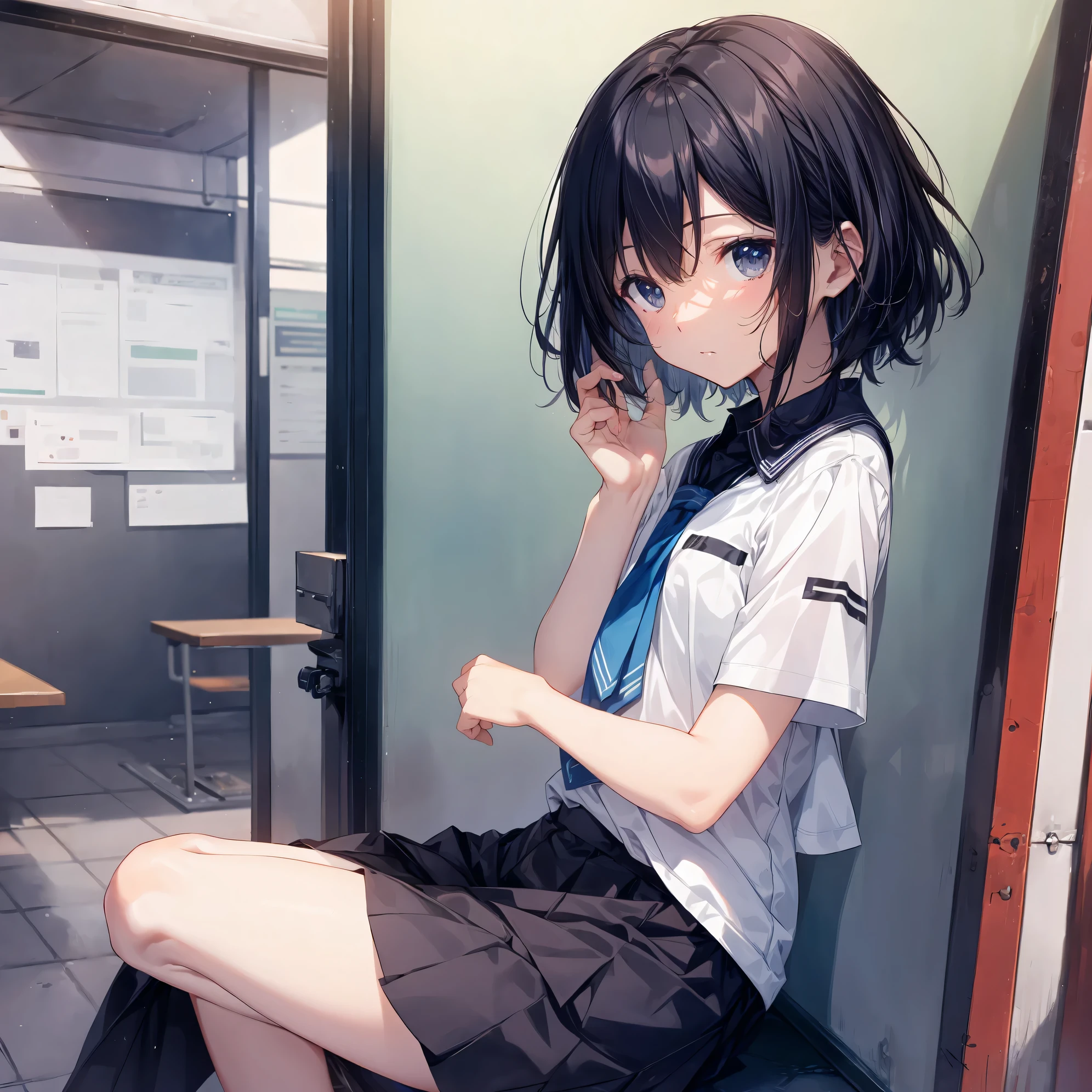 Super high quality by the art god, Ultra-detailed, High resolution, Shinkai Makoto style, anime moe art style, best anime 8K konachan wallpaper, Pixiv Contest Winner, Perfect Anatomy, BREAK,(Please draw a sleepy girl going to school alone.. ),BREAK, a hyperrealistic schoolgirl, (Solo,Lori,child,13years:1.3),Full limbs, complete fingers,a junior high school student, Androgynous attraction, (extra very short hair), hair messy, flat and soft chest, Small butt, groin, Small eyes,Beautiful detailed black eyes, Well-proportioned iris and pupils, disgusted eye, High resolution detailed hair, School uniform, Skirt, On the way to school. BREAK,Ultra-detailed細なスキン, Best lighting by famous artists, 8K, Illustration,