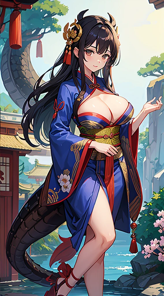 A dark-haired、Brown eyes、Beautiful woman with big breasts、A blue kimono with a pattern of a climbing dragon and plum blossoms、The background is a shrine、
