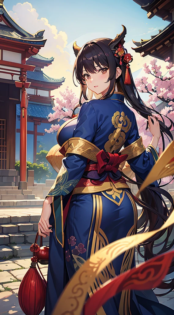 A dark-haired、Brown eyes、Beautiful woman with big breasts、A blue kimono with a pattern of a climbing dragon and plum blossoms、The background is a shrine、