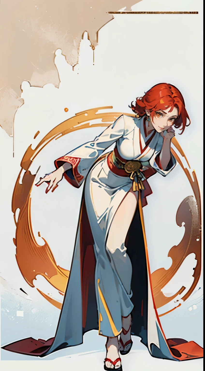 ((masterpiece,best quality,8k,highres)),((character concept art)), 1 female, young female adult, Fire Goddess, 175cm height, straight medium hair (red hair colour), ultra finely detailed eyes (yellow eyes colour), extraordinary gorgeous, charming, (gentle smile), shapely breasts, hourglass body shape ((muscular)), tattoos around body, full tattoos, ((intricate detail)), super finely detailed hands, ultra finely detailed fingers(((ten fingers))), japanese kimono outfit (white colour outfit), necklace, earrings, bracelet, (standing still), (full body showcase), (show full body), (no logos on background), (no logo), ((plain background)), ((plain background)), (((empty background)))