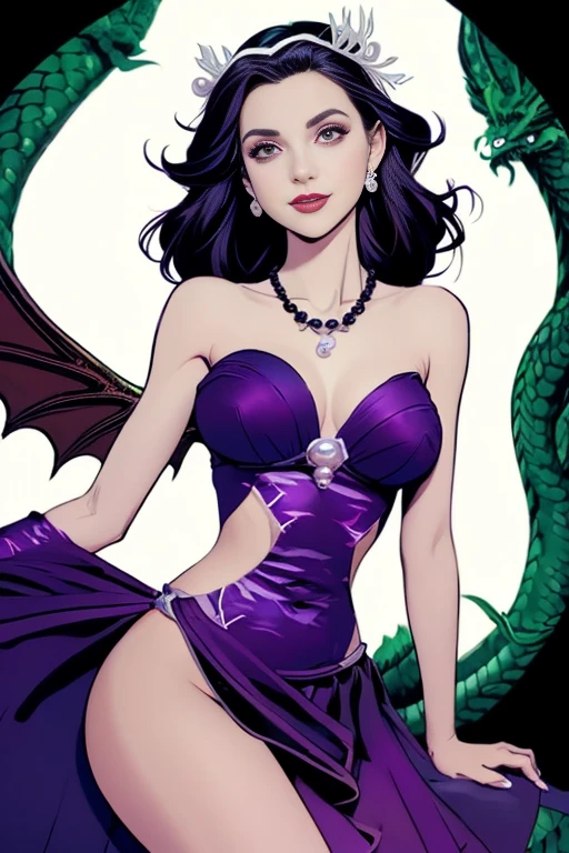 ink painting, beautiful sexy Queen, smiling enchantingly, slender female, lotus position, squatting, legs opened, (((wearing black and purple dragon scale dress, pearl necklace, black onyx tiara, large dragon wings))), (((messy hair, small bust, narrow waist, thin abs))), against fire flame in dark cave, (((American comic style with dark contours))), (((art by J. Scott Campbell)))