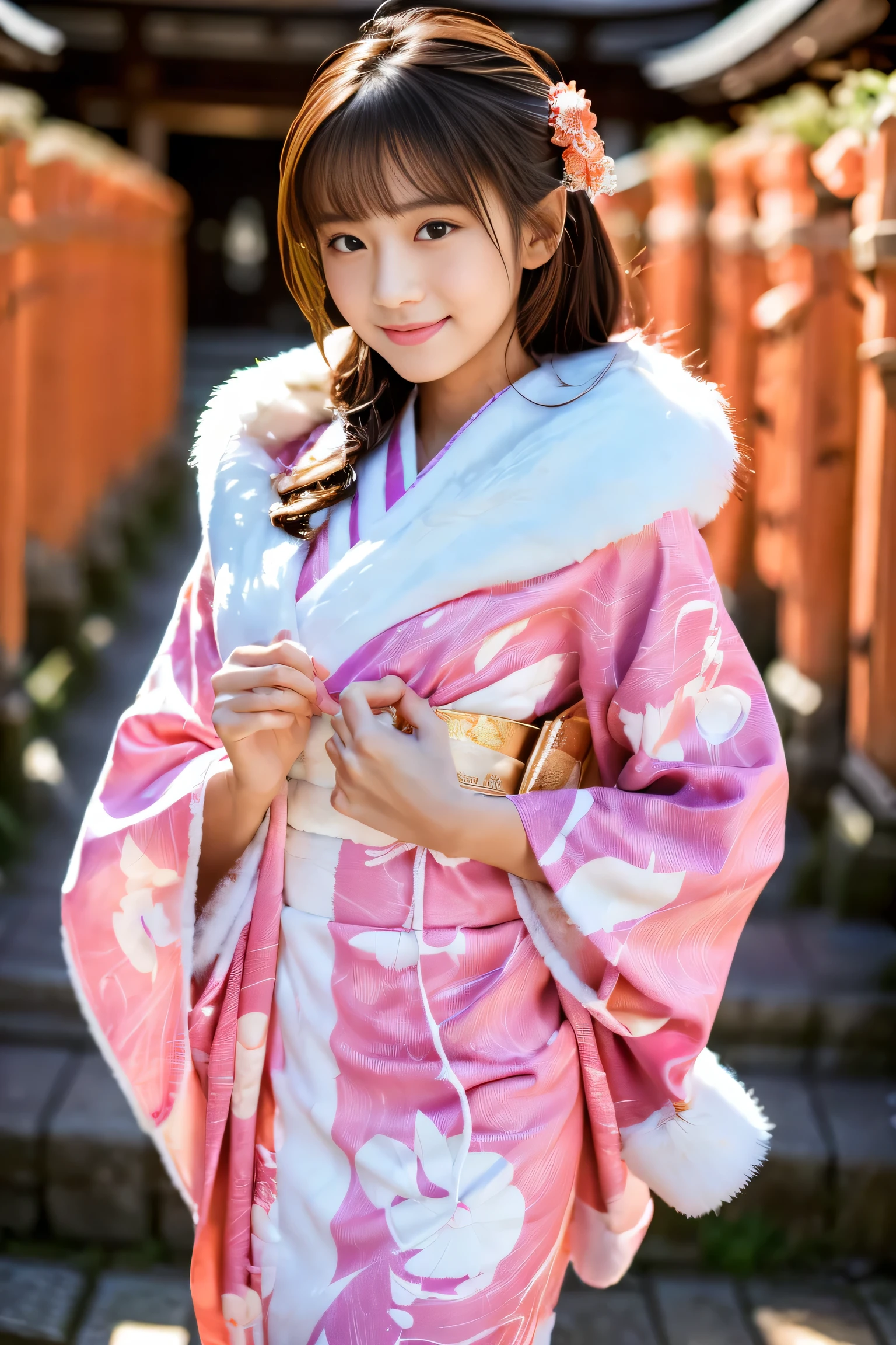 (Best Quality:1.4), (8K), 32K, (nffsw), (masutepiece:1.3), Photos of pretty women in Japan, (Photorealistic), (Raw photography), (1girl in), (The ultra -The high-definition), (Detailed face), Perfect face, (detailed hairs), Beautiful hair, Bangs, layers-Cut, (Symmetrical eyes:1.3), (Detailed eyes), (Detailed skin), Realistic skin, The ultra -The high-definition目, (medium breasts), (slim figure), (Supermodel Figures), Gentle smile, a Japanese young pretty girl, Gentle smile,
( Wearing a pink floral kimono:1.5, white fur shawl:1.5 ), Full body shot, ultra wide-angle, Cinematic lighting, (Background of Fushimi Inari Taisha:1.3)